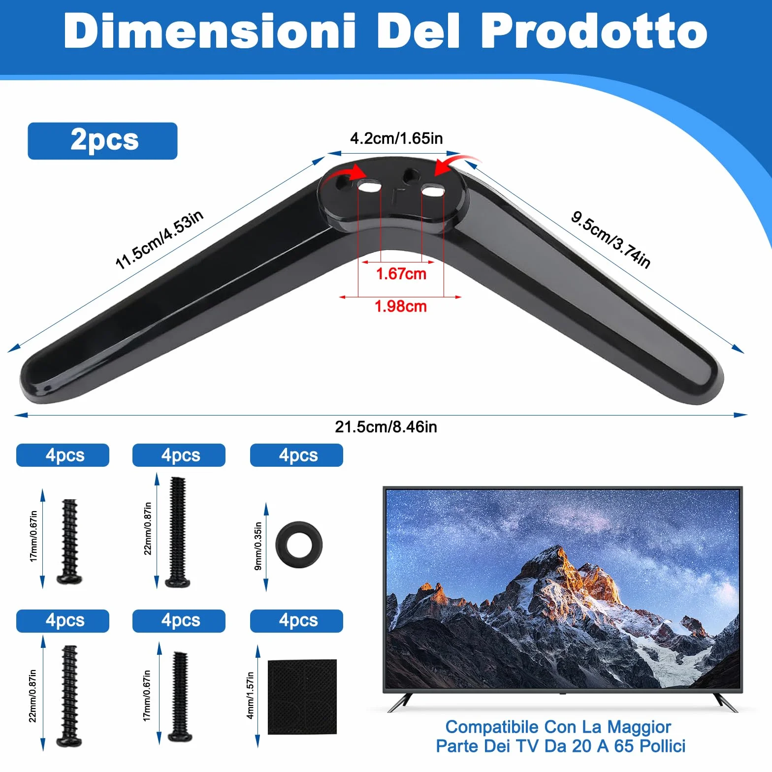 Piedini Supporto TV Universali Nero 20-65 Pollici Regolabile in Altezza ABS Base Antiscivolo 2 Pezzi