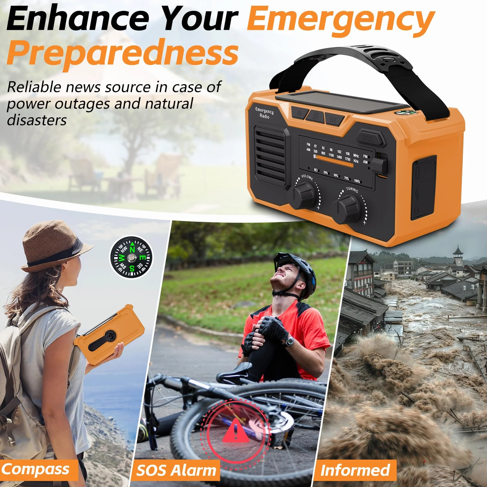 Radio a Manovella 27000mAh FM/AM Bluetooth 5.3 Solare Dinamo Allarme SOS Torcia Elettrica Arancione