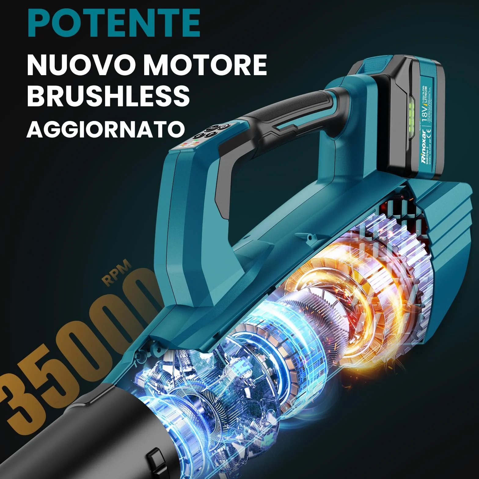 Soffiatore a Batteria, 5 Velocità Soffiatore Elettrico Senza Filo con Motore Brushless, 2 batterie da 5.2Ah/18V, 35.000 RPM, Velocità Aria 180 km/h, Portata Aria 800 m³/h, 2 Ugelli Intercambiabili
