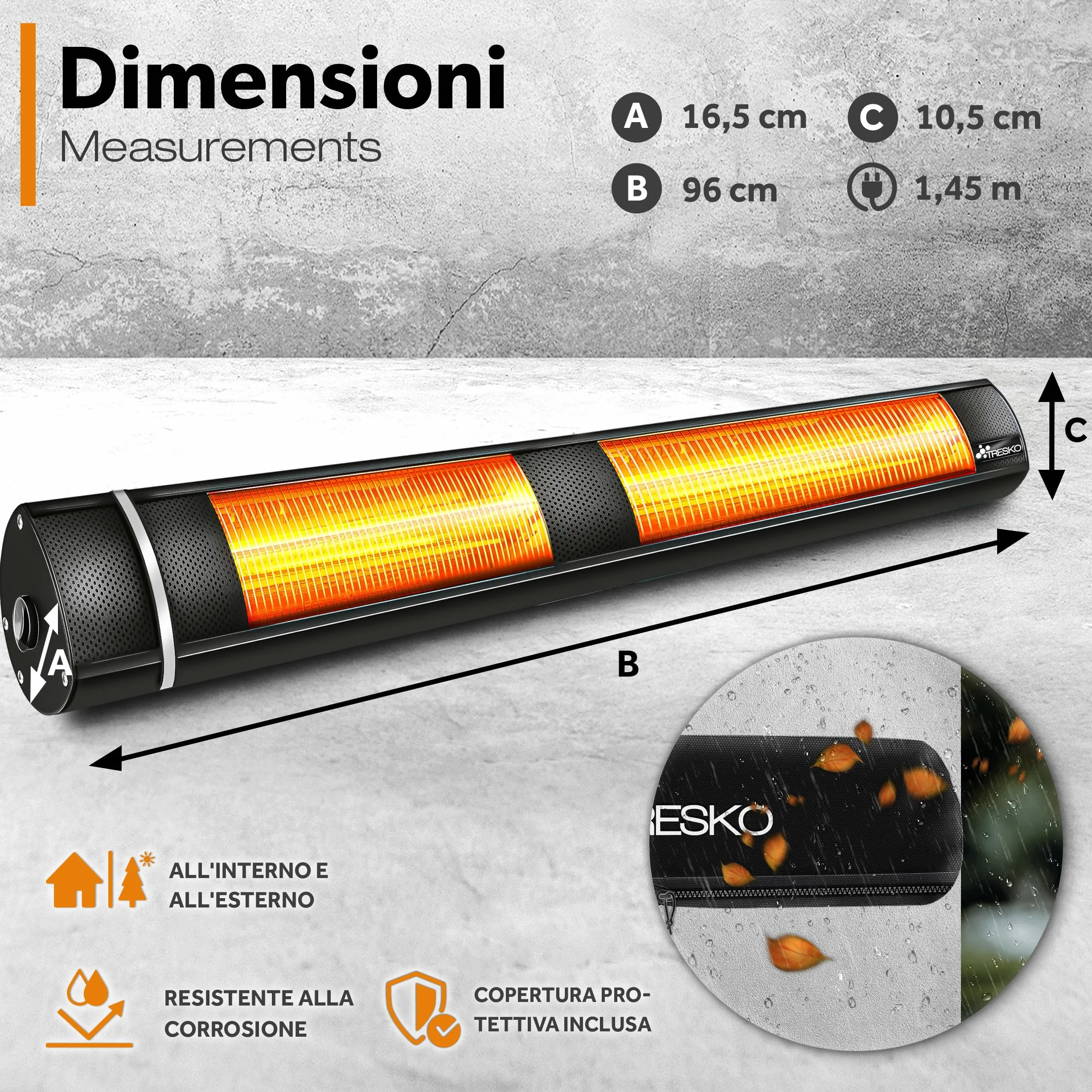 TRESKO Stufa a Infrarossi 3000W Telecomando Riscaldatore Elettrico Patio 3 Livelli Calore Riscaldatore Quarzo Nero