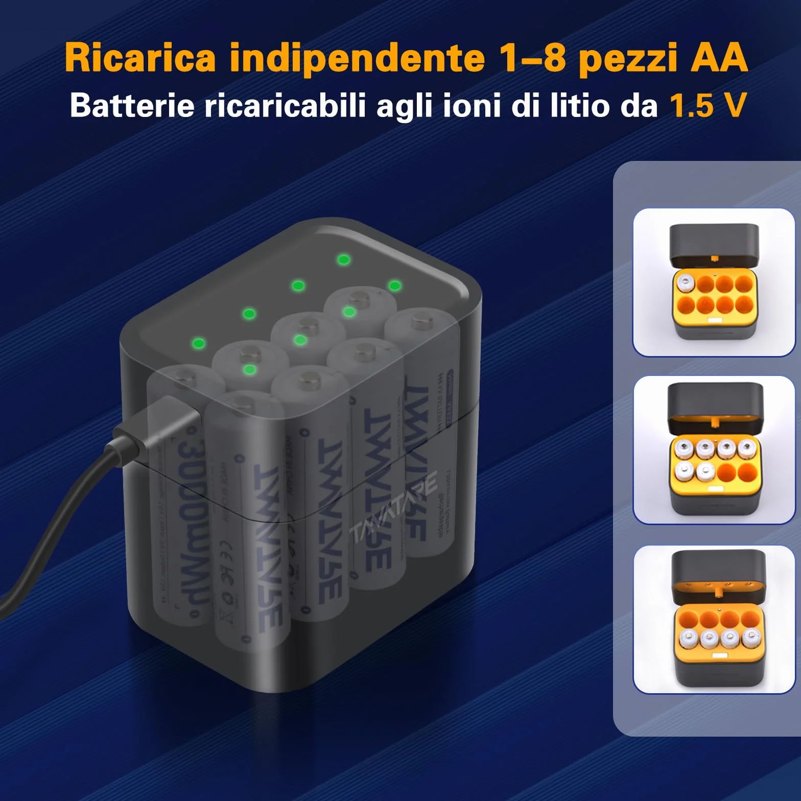 Tanatare Batterie al Litio AA Ricaricabili 8 Pack con Caricatore Veloce 1.5V 3000mWh