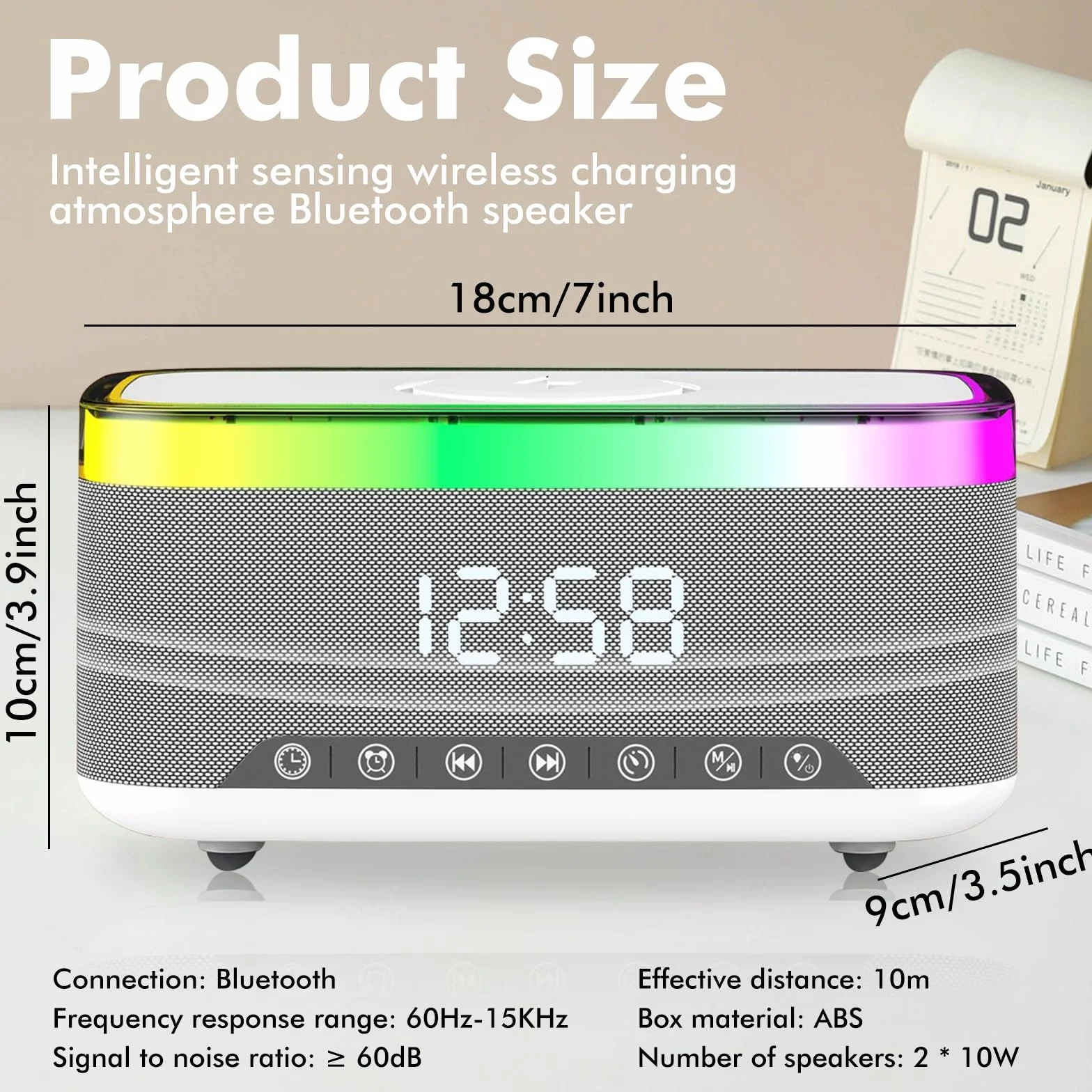 Sveglia digitale con stazione di ricarica e altoparlante Bluetooth, luce notturna da 15 W, caricabatterie wireless per iPhone Samsung