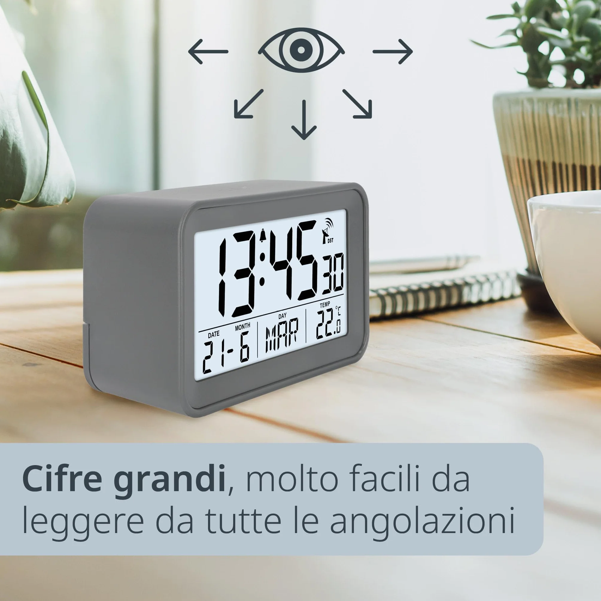ADE Sveglia radio-controllata digitale con luce, temperatura e calendario, compatta