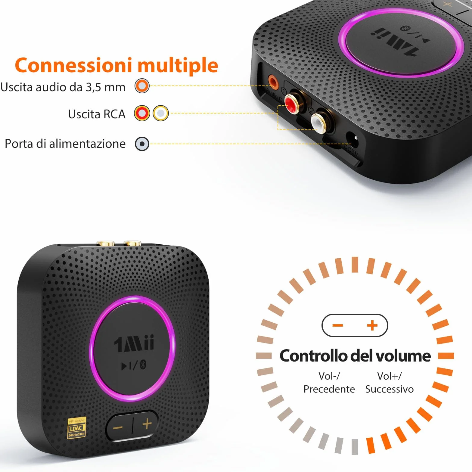 1Mii B06S+ Ricevitore Bluetooth 5.3 HiFi LDAC Adattatore Audio con Jack AUX 3.5mm RCA aptX Bassa Latenza 100ft Controllo Volume