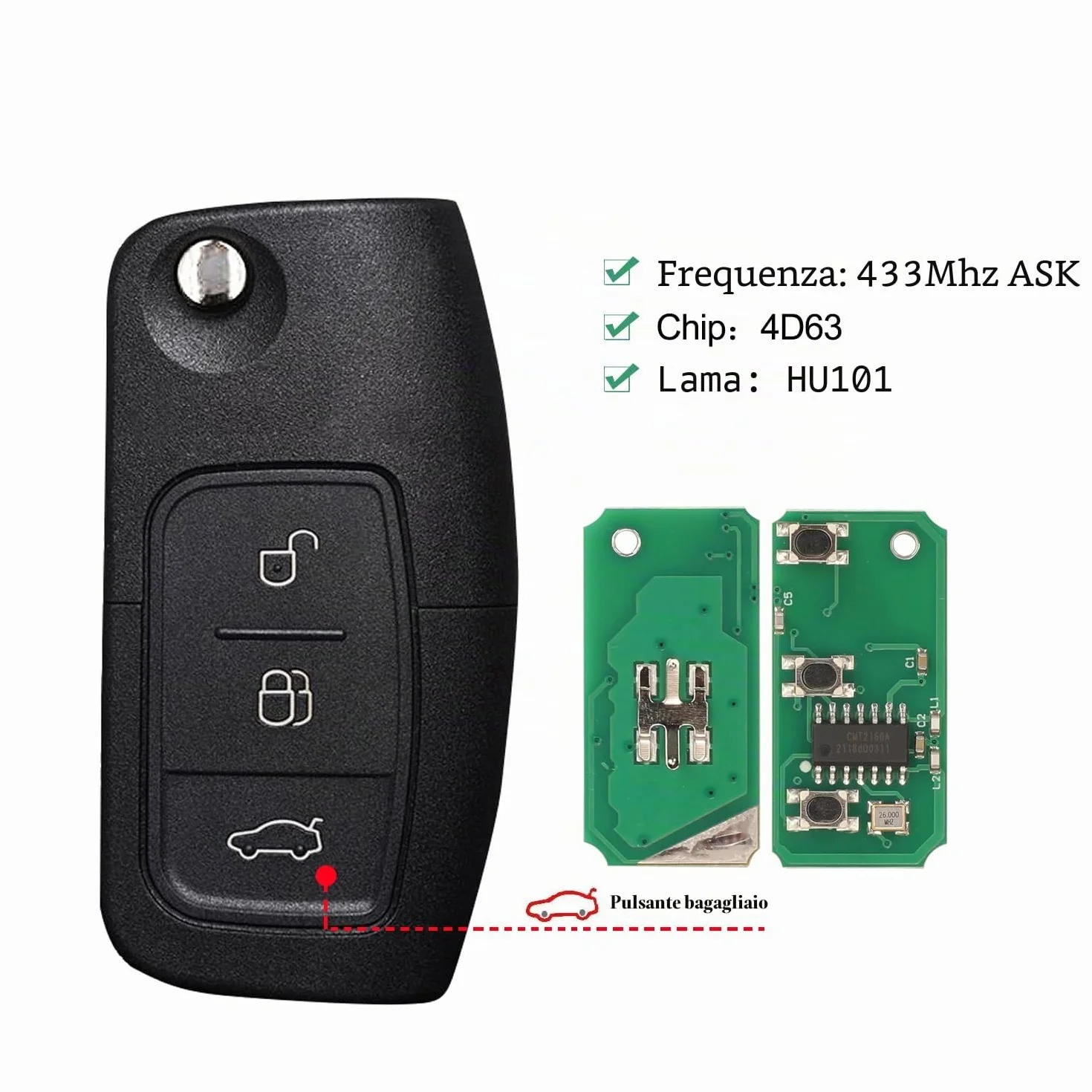 Heart Horse Guscio Chiave Telecomando 3 Tasti Pieghevole 433 MHz 4D63 per Fiesta Focus Mondeo MK4