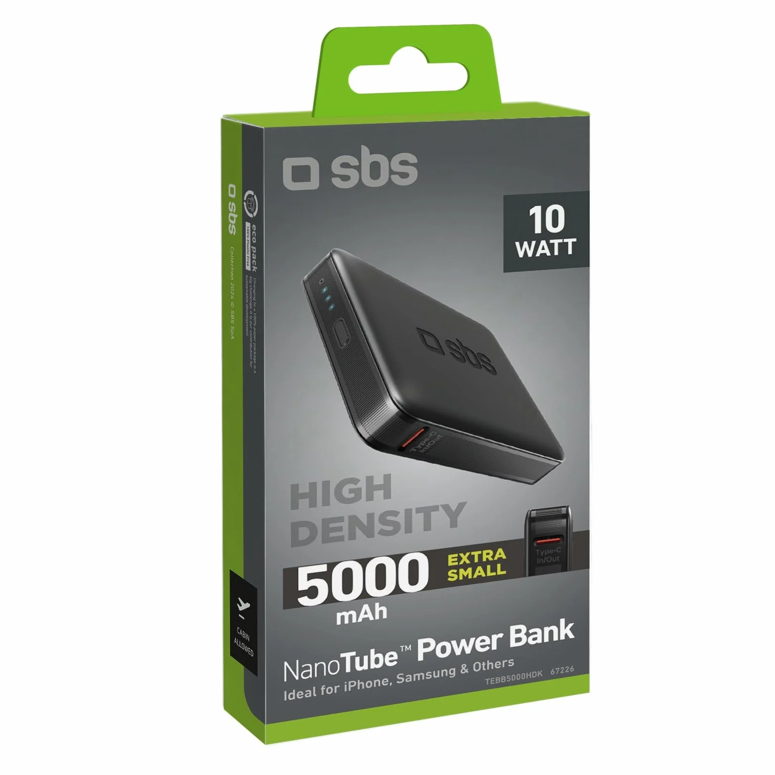 SBS NanoTube PowerBank HD 5000mAh 10W Power Bank Ricarica Rapida USB-C Caricabatterie Portatile Nero