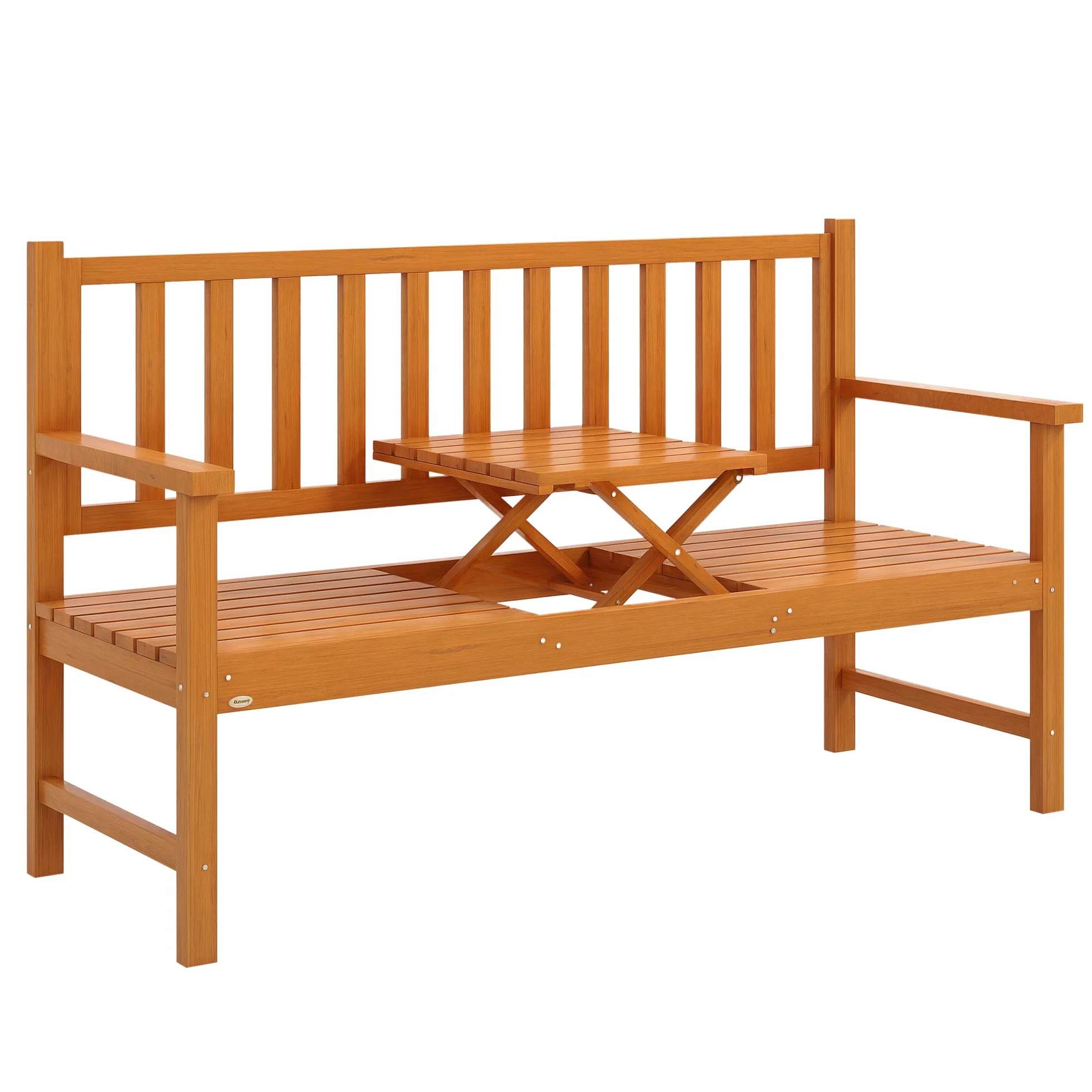 Outsunny Panchina da Giardino a 2-3 Posti in Legno di Pino, Panchina da Esterno con Tavolino Sollevabile e Braccioli, per Balcone Esterno e Patio, 153x56x91 cm, Marrone Chiaro