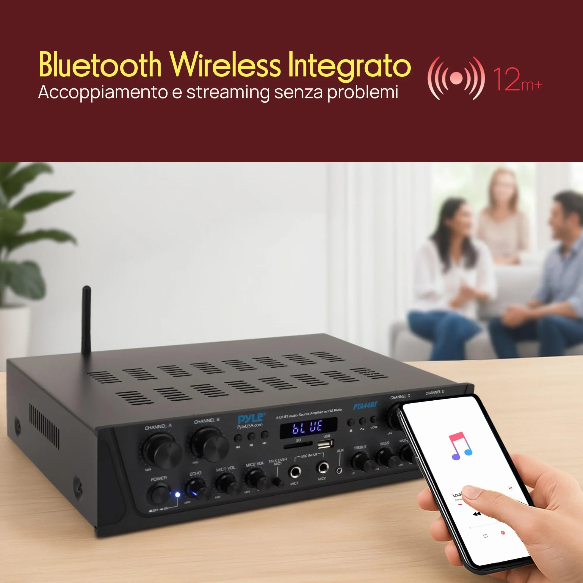 Pyle Amplificatore Karaoke Bluetooth Wireless 500 Watt, Audio Stereo 4 Canali con AUX, Radio FM, USB, Microfono In