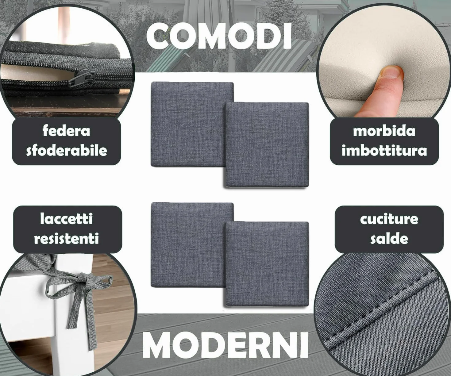 HAND - Set 4 Cuscini Sedie Esterno e Interno Sfoderabili 40x40 cm, Imbottitura Morbida, Cuscini per Sedie da Cucina, Giardino, Patio (Antracite, Set da 4)