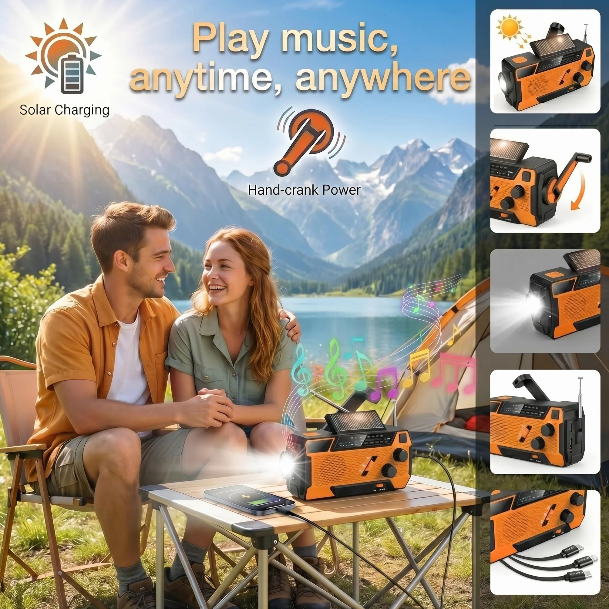 Radio di Emergenza a Manovella con Pannello Solare, Powerbank 2000mAh, Torcia LED SOS
