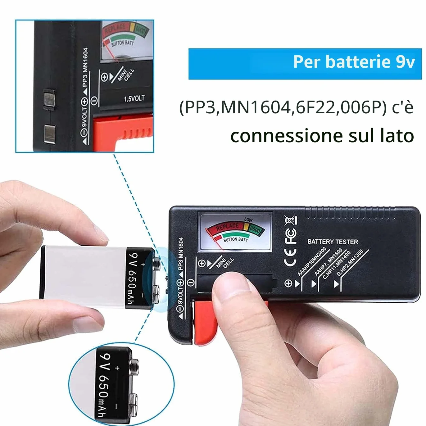Tester per Volt per batterie AA AAA C D 9V 1,5V
