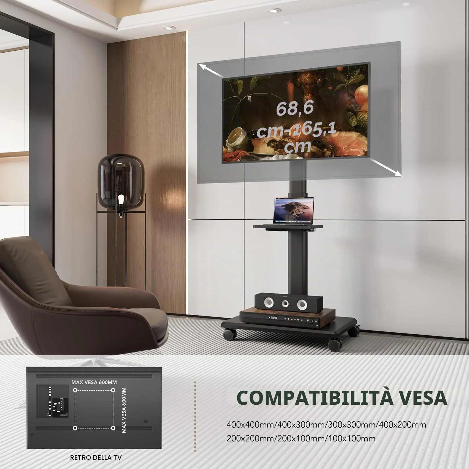 AX WABER Supporto TV da Pavimento Mobile con Ruote per TV 27-65 Pollici VESA 400x400 40 kg