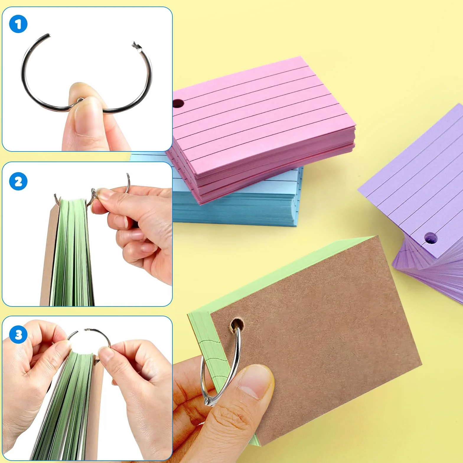 Flashcard A8 a Righe con Anello, 600 pezzi, Colori Intensi per Appunti Ufficio Scuola