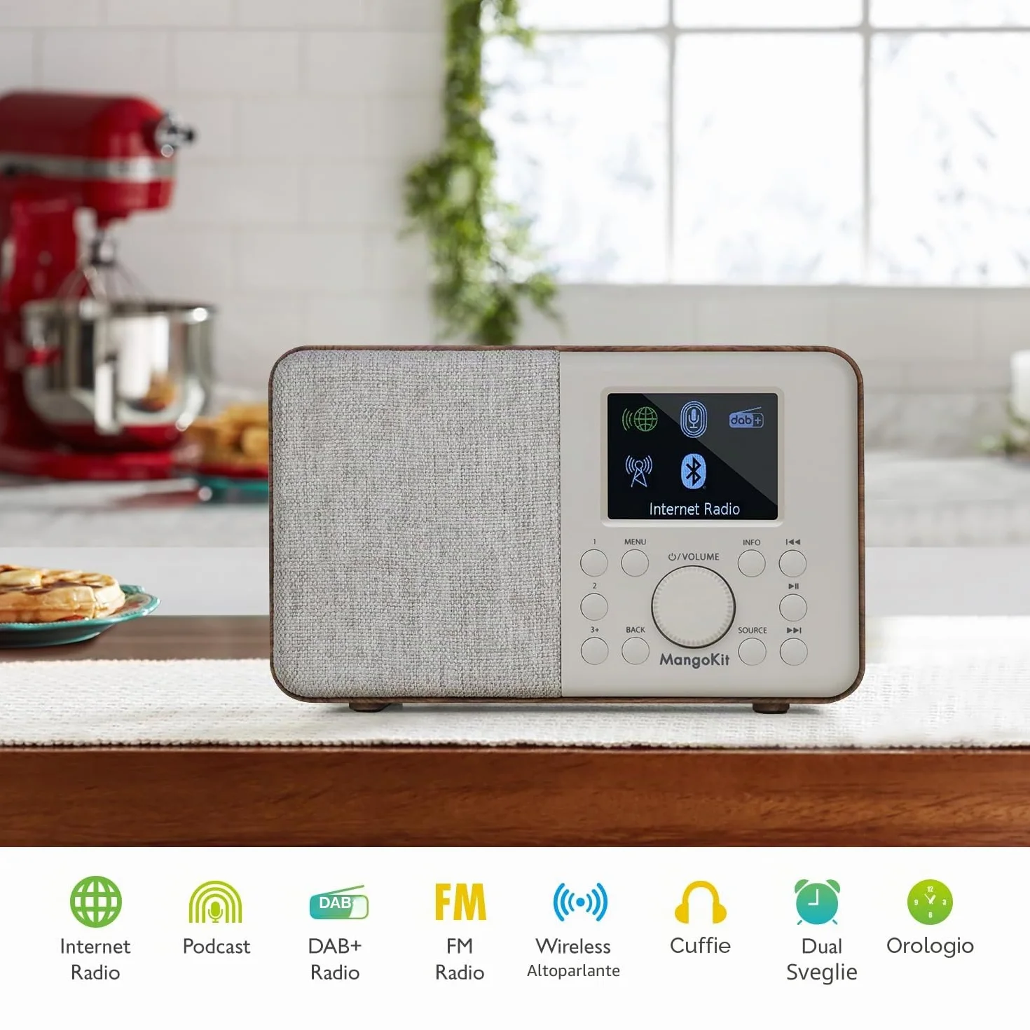 SR10 Internet Radio DAB+ Wi-Fi Lettore Podcast Bluetooth FM Cucina Doppio Allarme Noce