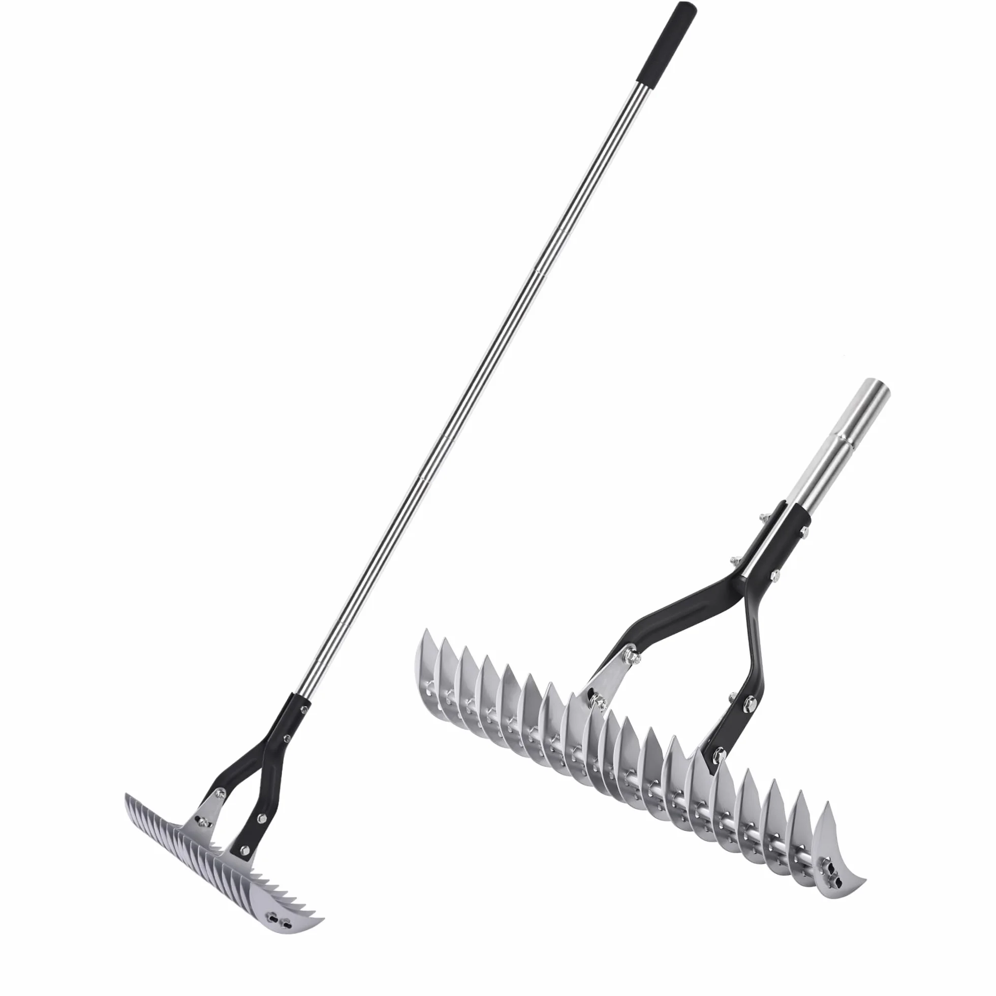 YEELOR Rastrello per paglia – 38,1 cm di larghezza con manico regolabile, rastrello per paglia con testa regolabile, rastrello per erbacce, rastrello per rimuovere erba morta, pettinare il prato e