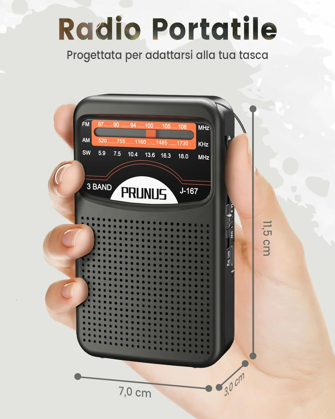PRUNUS J-167 Radio Portatile Ricaricabile FM/AM con Jack/Cinturino, Nero