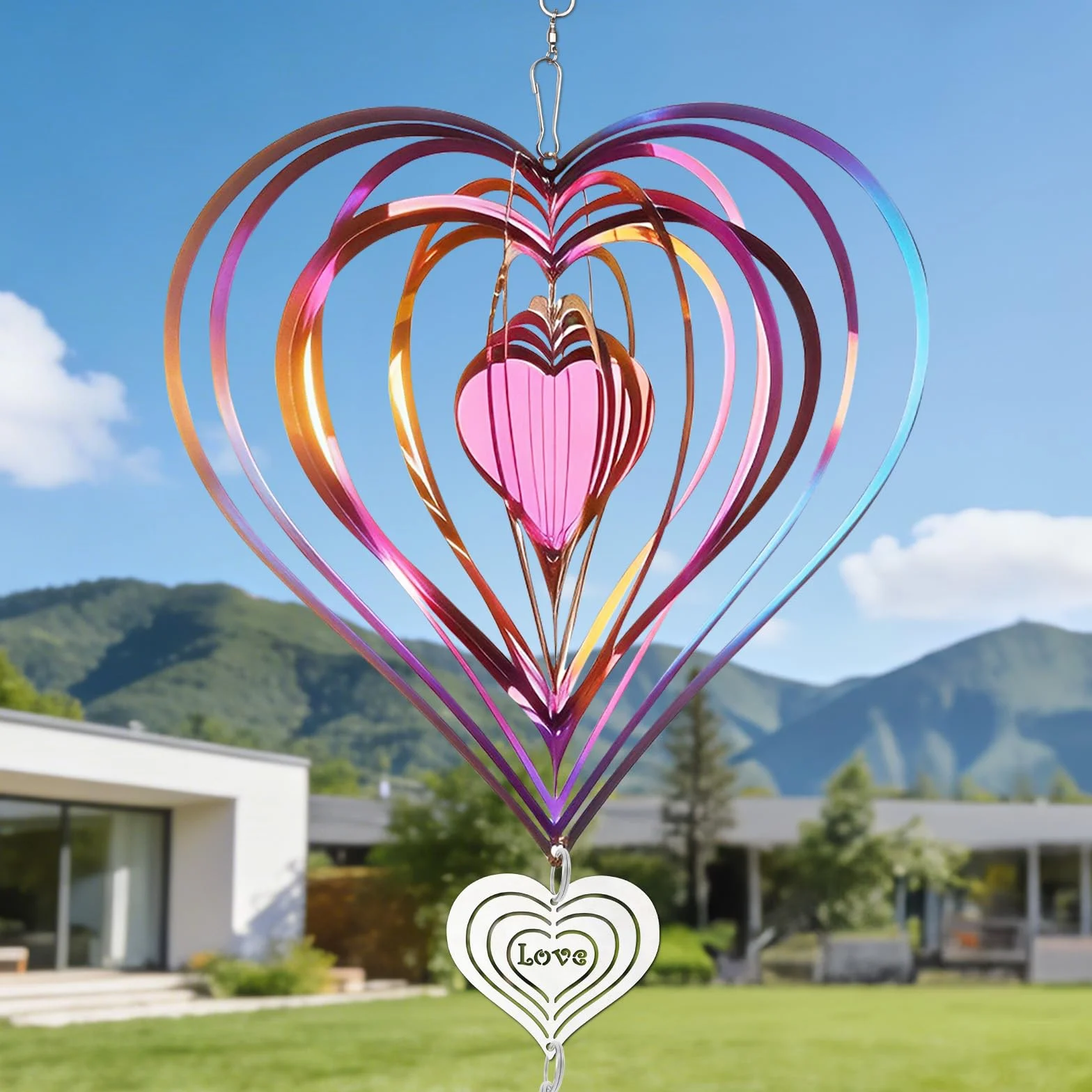 Girandola in Metallo 3D a Forma di Cuore, Carillon Eolico e Spinner Colorato – Scacciapensieri da Esterno Resistente alle Intemperie per Giardino, Balcone e Terrazzo (Multicolore)