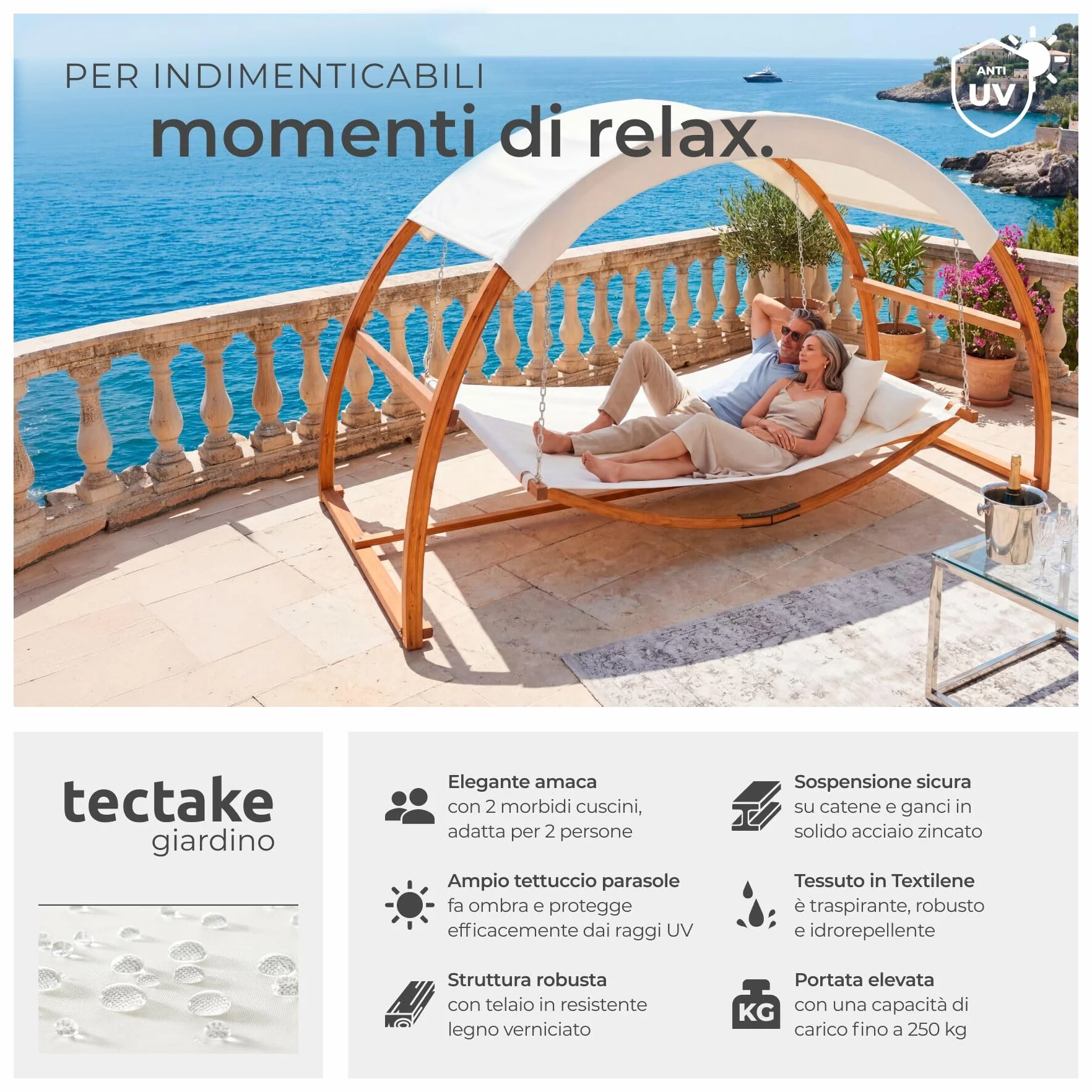 tectake® Amaca da Esterno per 2 Persone, Amaca XXL con Tettuccio Parasole, Struttura in Legno Robusta, Tessuto Traspirante e Idrorepellente, Inclusi Comodi Cuscini, Teak, 328 x 160 x 171,5 cm