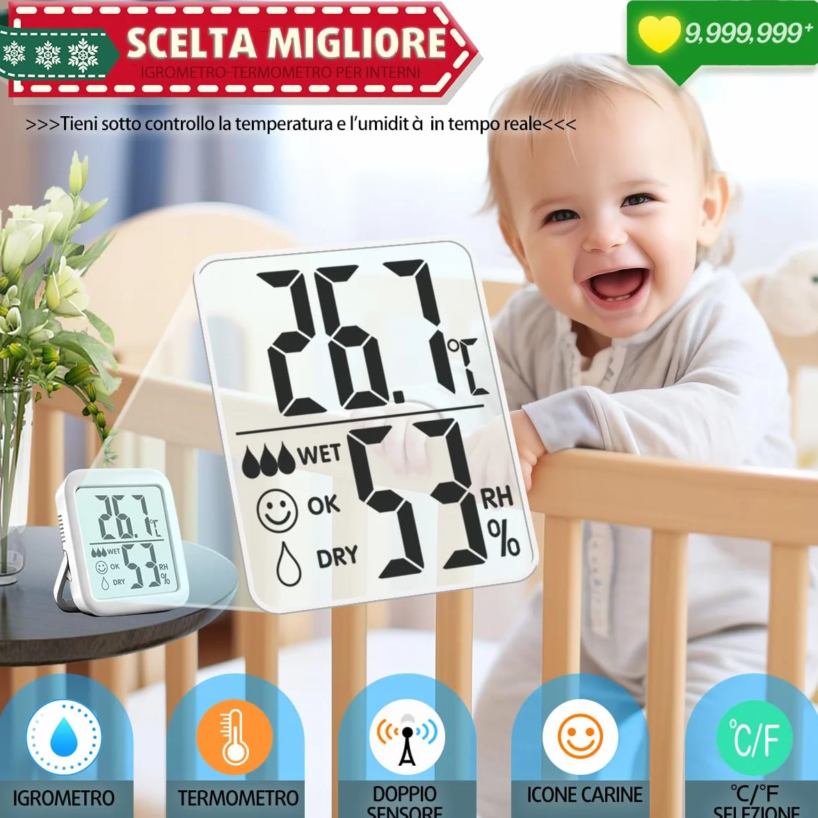 Termometro Ambiente Interno Igrometro Digitale 2 pezzi Monitor Temperatura Umidità per Casa Terrario Incubatrice Serra