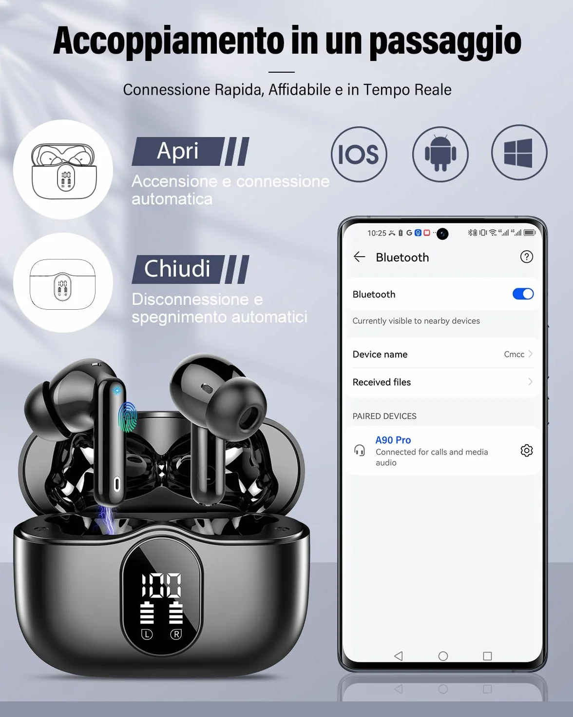 Btootos Cuffie Bluetooth 5.4 con 4 Mic In Ear HiFi Stereo, 36Ore LED Display IP7 Impermeabili, Touch Control Nero