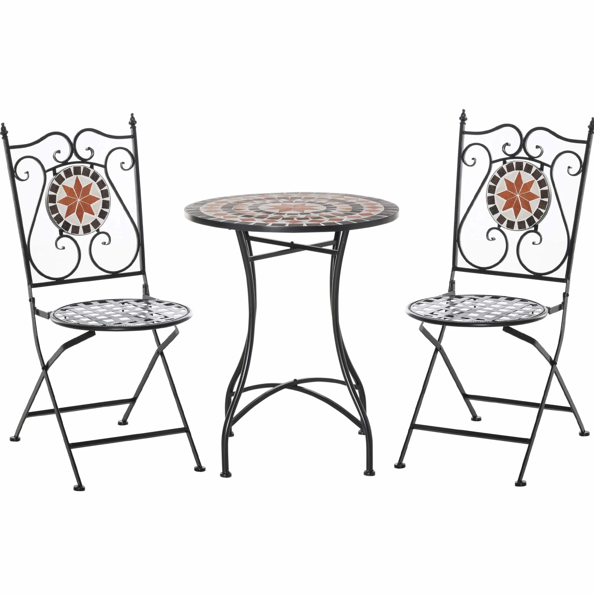 Outsunny Mobili da Giardino Set da 3 Pezzi con 2 Sedie Pieghevoli e 1 Tavolino a Mosaico, in Metallo e Ceramica