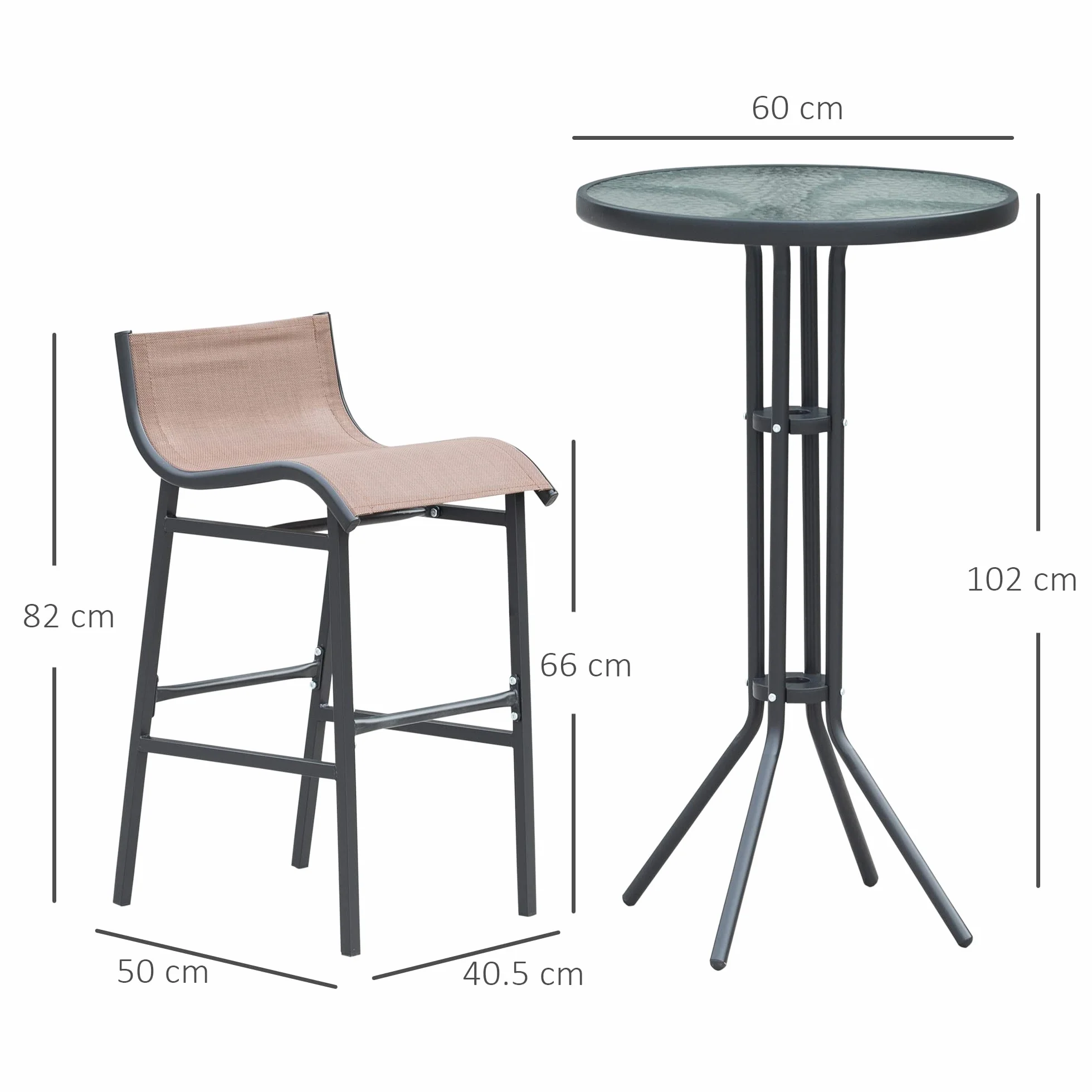 Outsunny Set da Bar/Ristorante 3 Pezzi: 2 Sgabelli (40.5x50x82cm) 1 Tavolo Vetro Temperato (Φ60x102cm), Nero e Marrone
