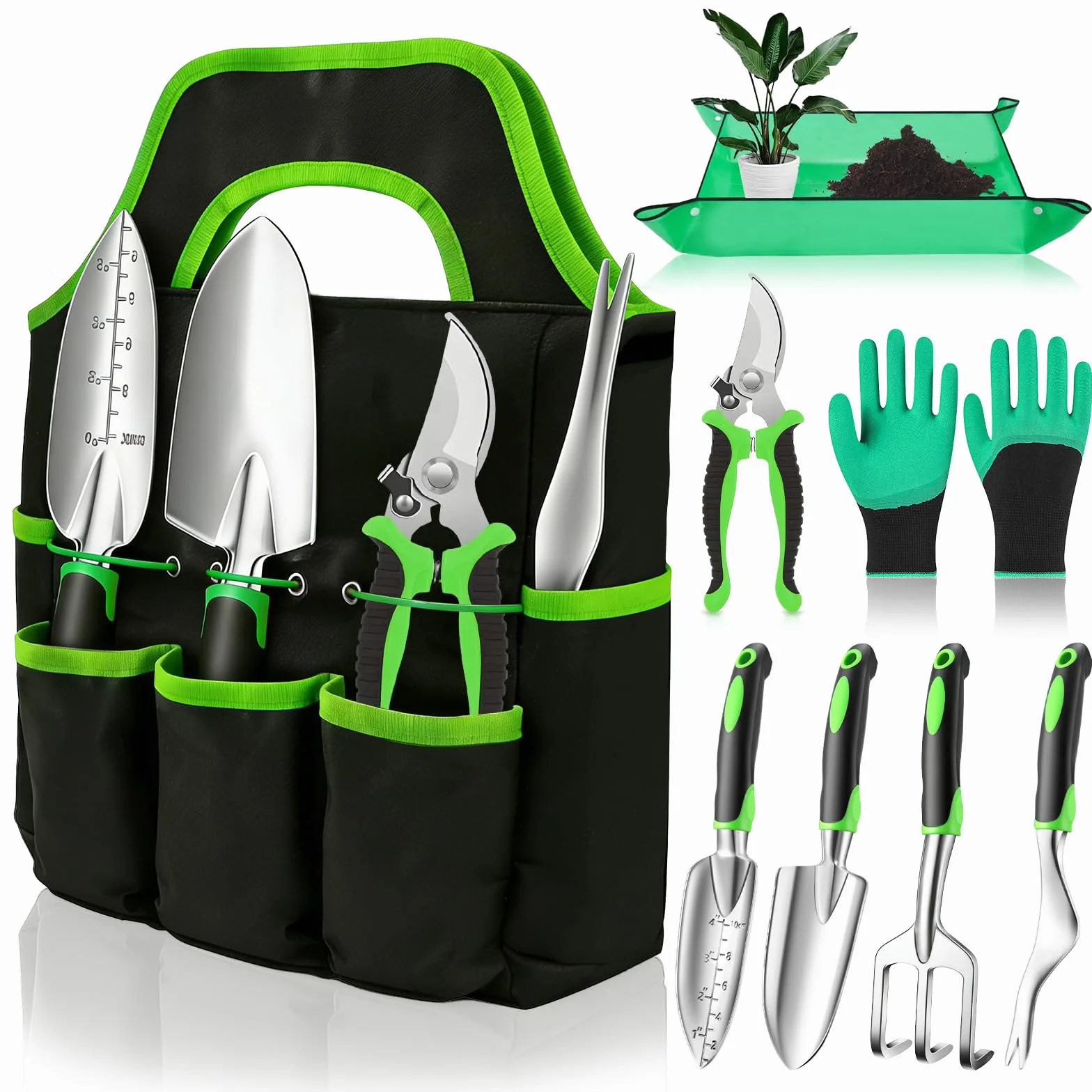 Set Attrezzi Giardinaggio Anti-Ruggine 8 Pezzi Kit Giardinaggio in Alluminio e Acciaio Inox con Forbici Tappetino Guanti e Borsa Ideale Regalo Giardiniere
