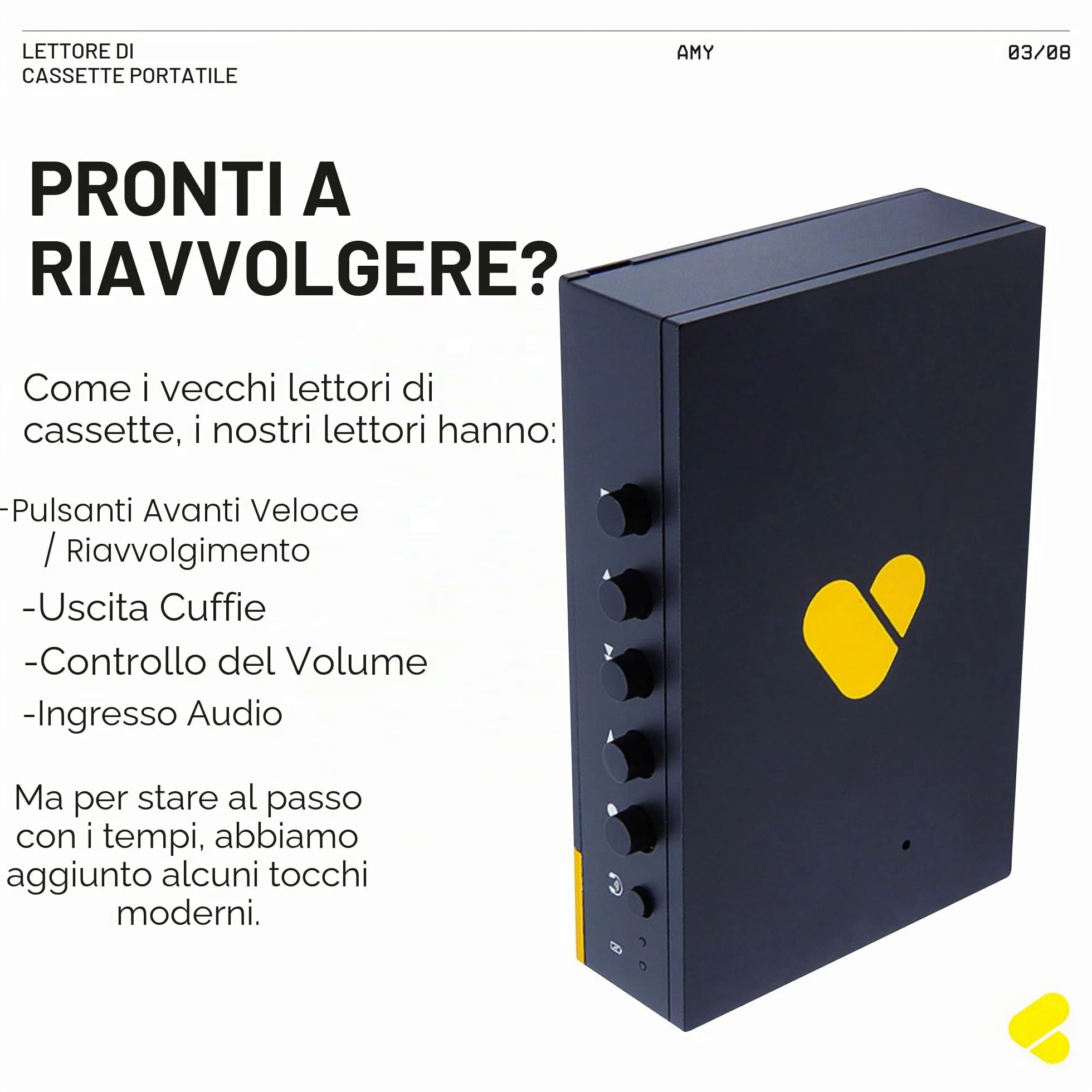 We are Rewind Lettore a cassette portatile Bluetooth, registratore con altoparlante, cuffie, cavo 3,5 mm - Amy Nero & Giallo