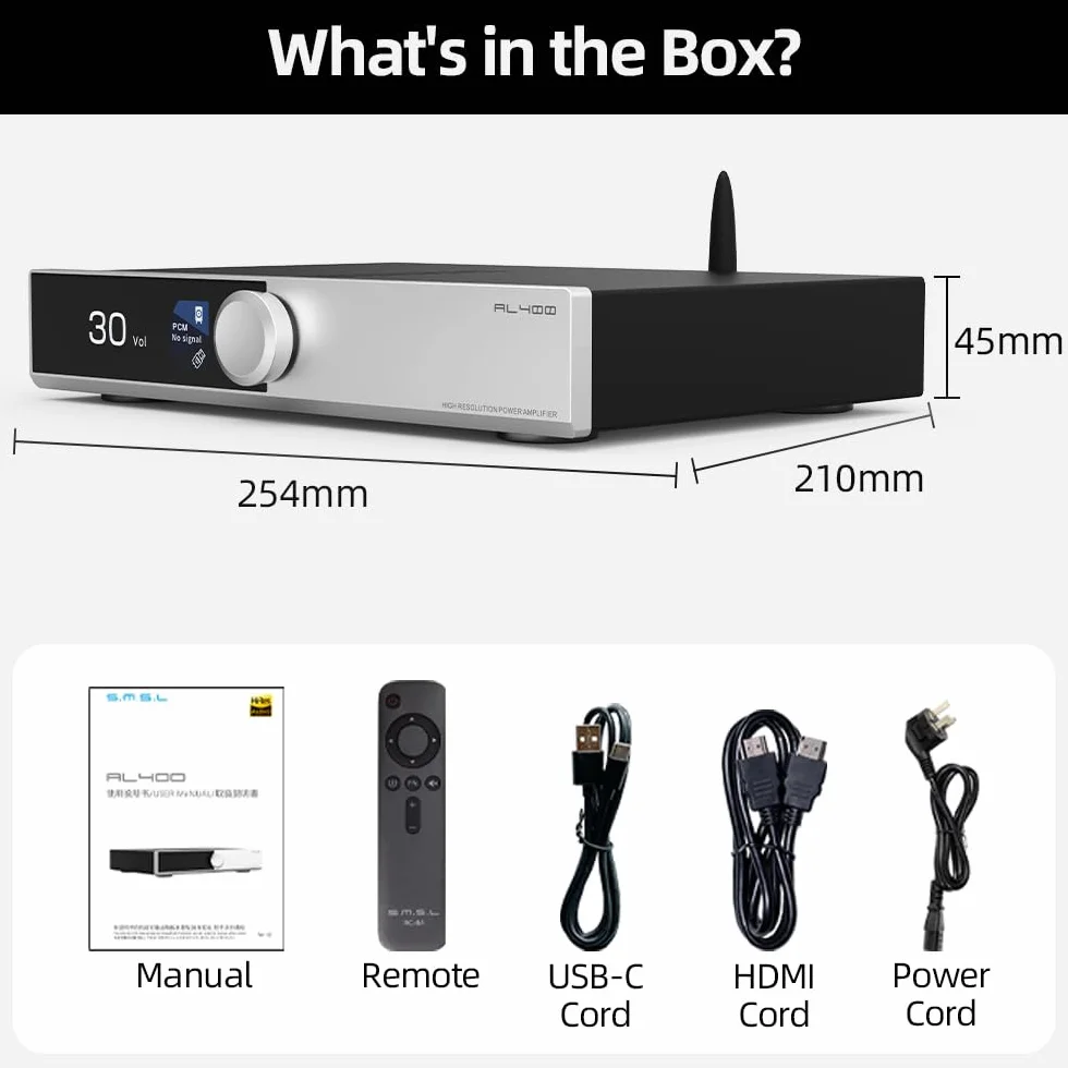 SMSL AL400 All-in-One Hi-Fi Decoder Preamp Phono Power Amp CS43131 MM MC RCA BT USB Opt Coassiale HDMI eARC Phono