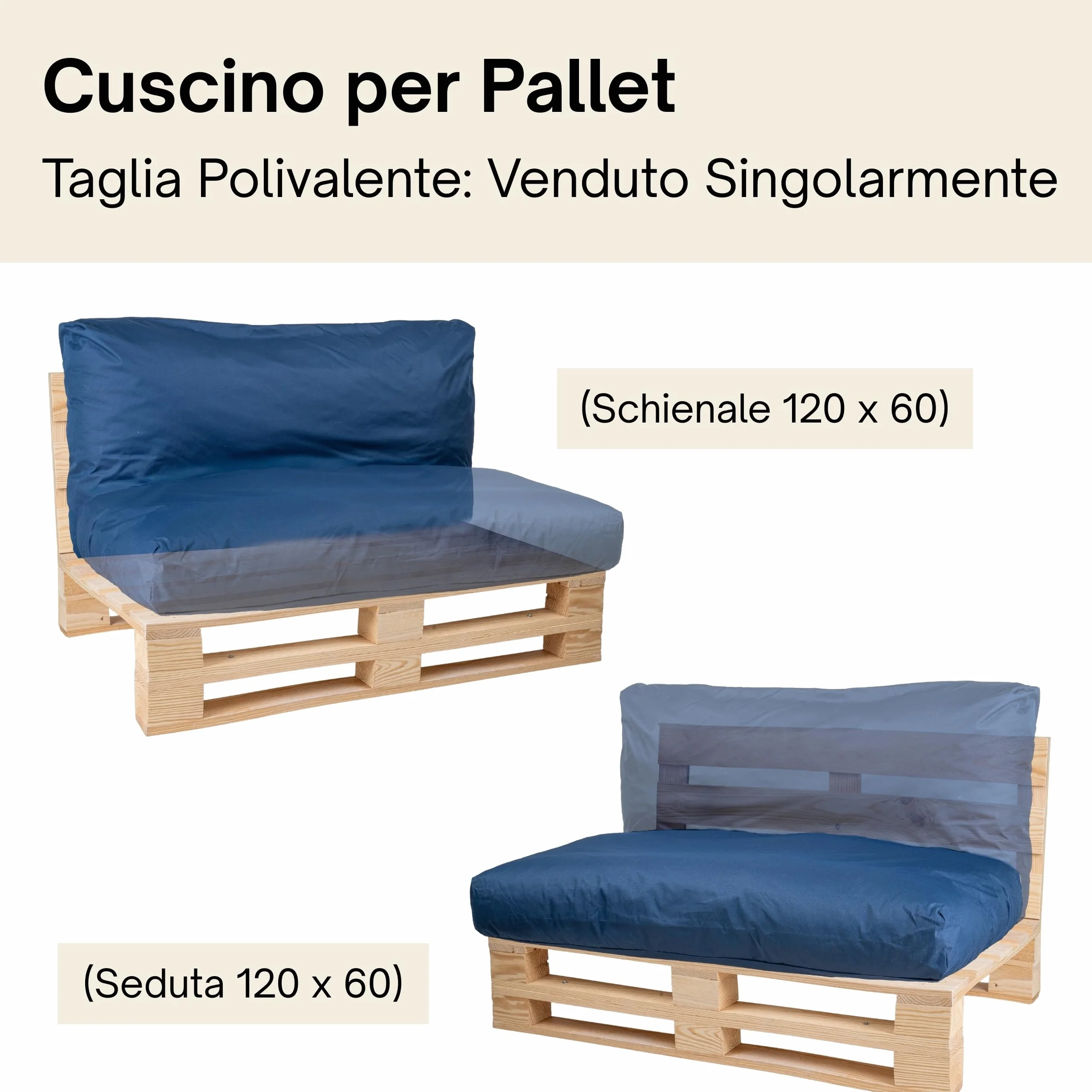 Cuscini per Pallet Fodera Impermeabile Anti UV Rimovibile Lavabile Imbottito Schiuma 120x60 cm Blu