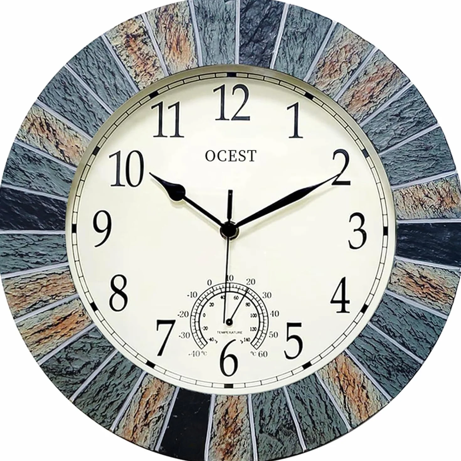 OCEST Orologio da giardino da 33 cm, impermeabile, grande orologio da parete retrò con termometro a batteria, senza ticchettio, orologi decorativi per patio, piscina, cucina