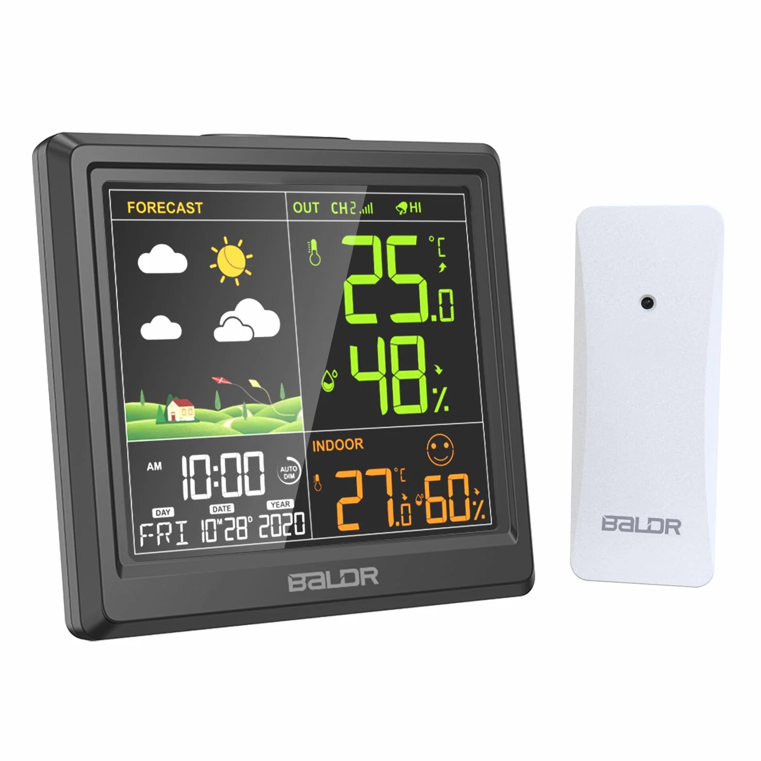 LEVIPE Stazione Meteo con Sensore Esterno, Stazione Meteo Senza Fili con Allarme, Adattatore AC, LCD Display a Colori, Temperatura, Umidità, Data, Previsioni di Tempo