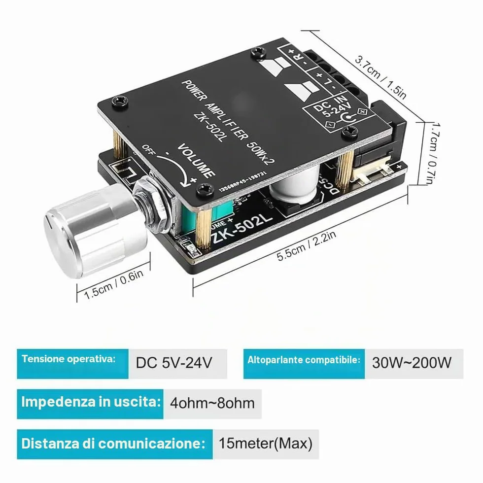 DollaTek TPA3116 Bluetooth 5.0 Mini Amplificatore di Potenza Digitale 2x50W con Interruttore e Volume Regolabile