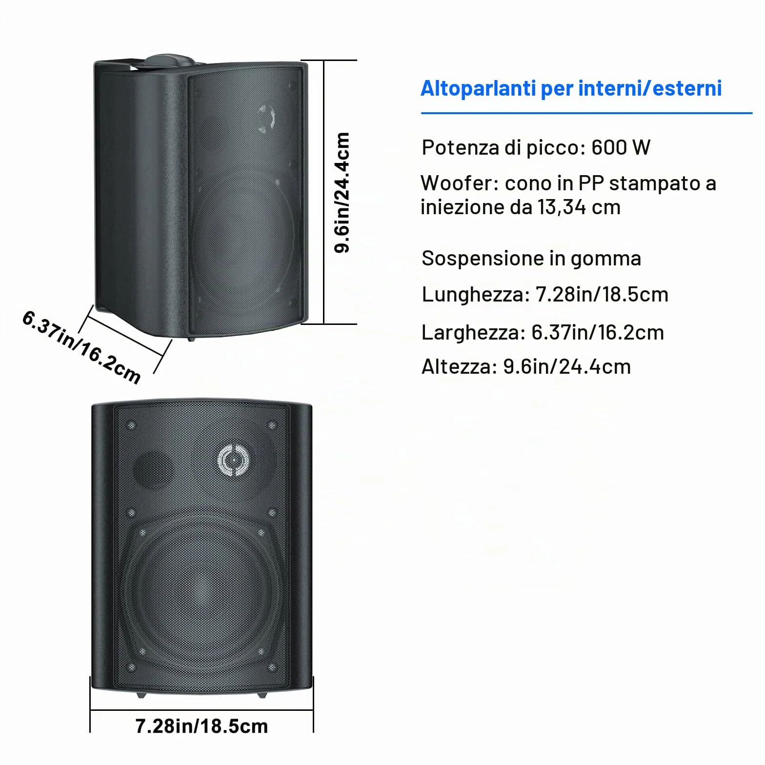 STUDIOFINIX 5.25 Pollici 600W Altoparlanti da Parete per Esterno Interni Resistenti alle Intemperie 2 Paia Nero