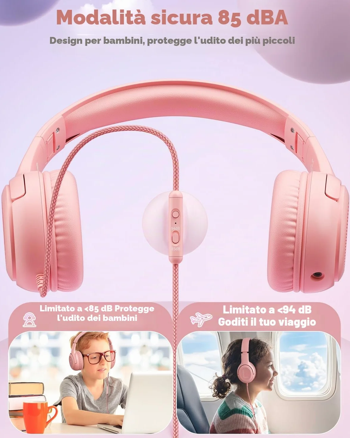 Cuffie per Bambini con Microfono, Limitazione Volume 85/94 dB, Jack 3,5 mm, Design Pieghevole, On-ear (Rosa)