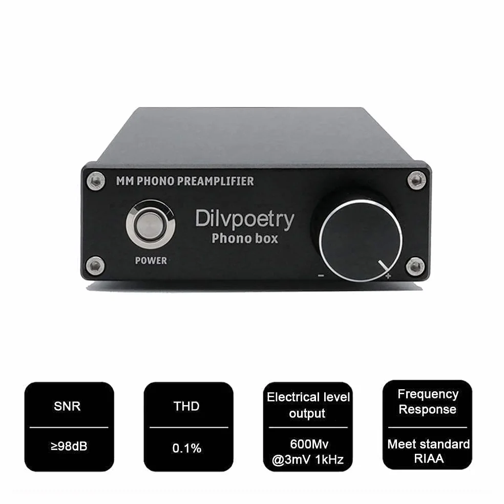 Dilvpoetry Phono Box MM Phono Preamplificatore HiFi Audio AMP Giradischi Amplificatore Fonografo Pre-amp DC12V Nero