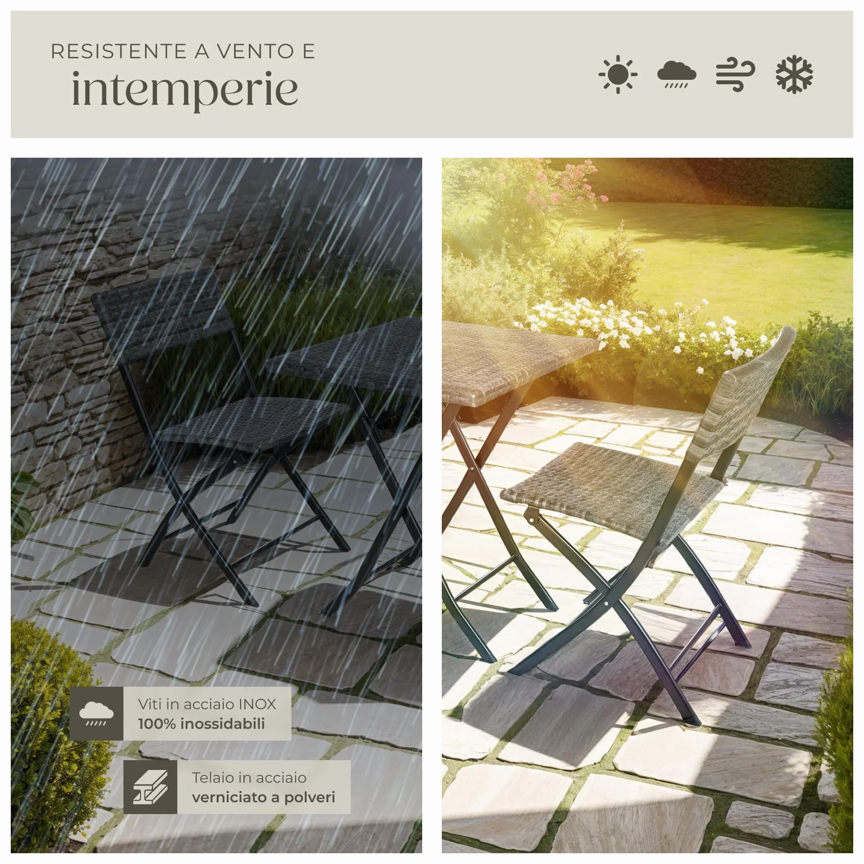 tectake® Set 3 Pezzi Trevi in Rattan, 1 Tavolo con 2 Sedie, Protezione dai Raggi UV, Ripiegabile, Design Moderno, Set Giardino, Terrazzo, Balcone, Campeggio - Grigio