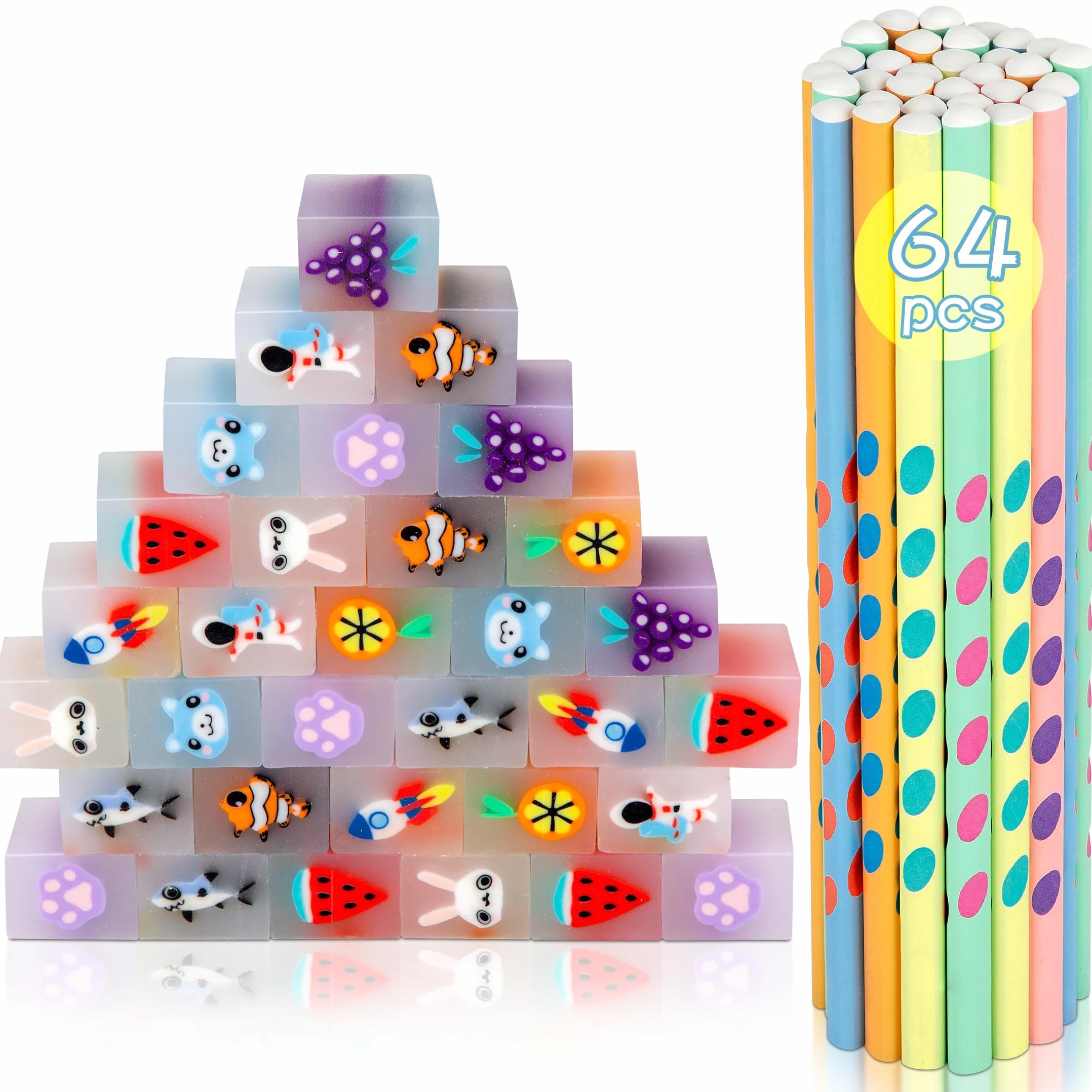 64Pcs Matite con Gomma Bambini, Gomme Cancellare Divertenti, Matite Bambini Regalini Festa Compleanno
