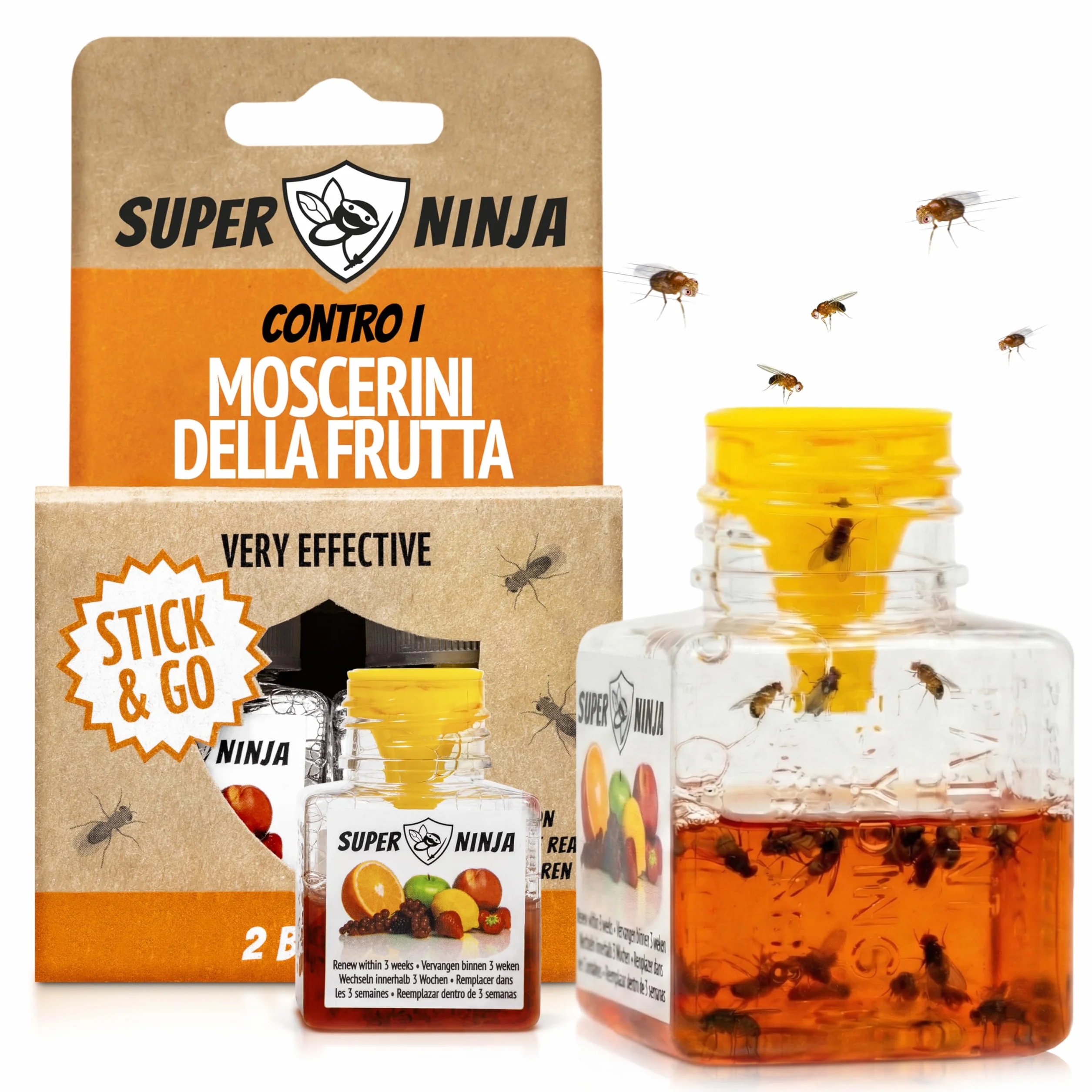 Super Ninja Trappola Moscerini Frutta per Interni - 2 Pezzi, trappola per moscerini della frutta efficace per casa e cucina, attiva fino a 3 settimane, adatta a bambini e animali domestici