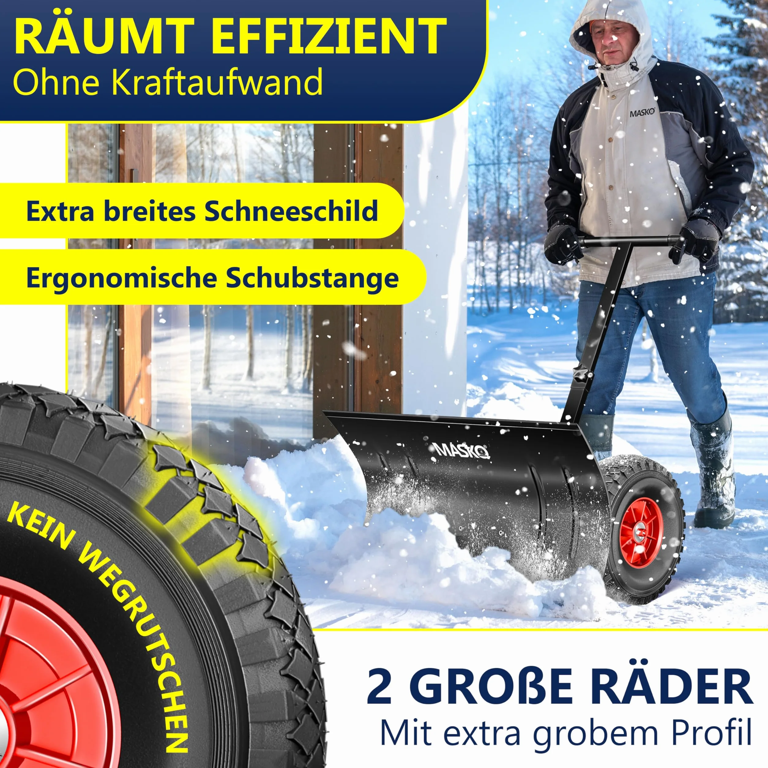 MASKO® Pala da neve su ruote regolabile in altezza – 5 posizioni regolabili in altezza, che non danneggia la schiena, 75 cm, larghezza di lavoro 42 cm