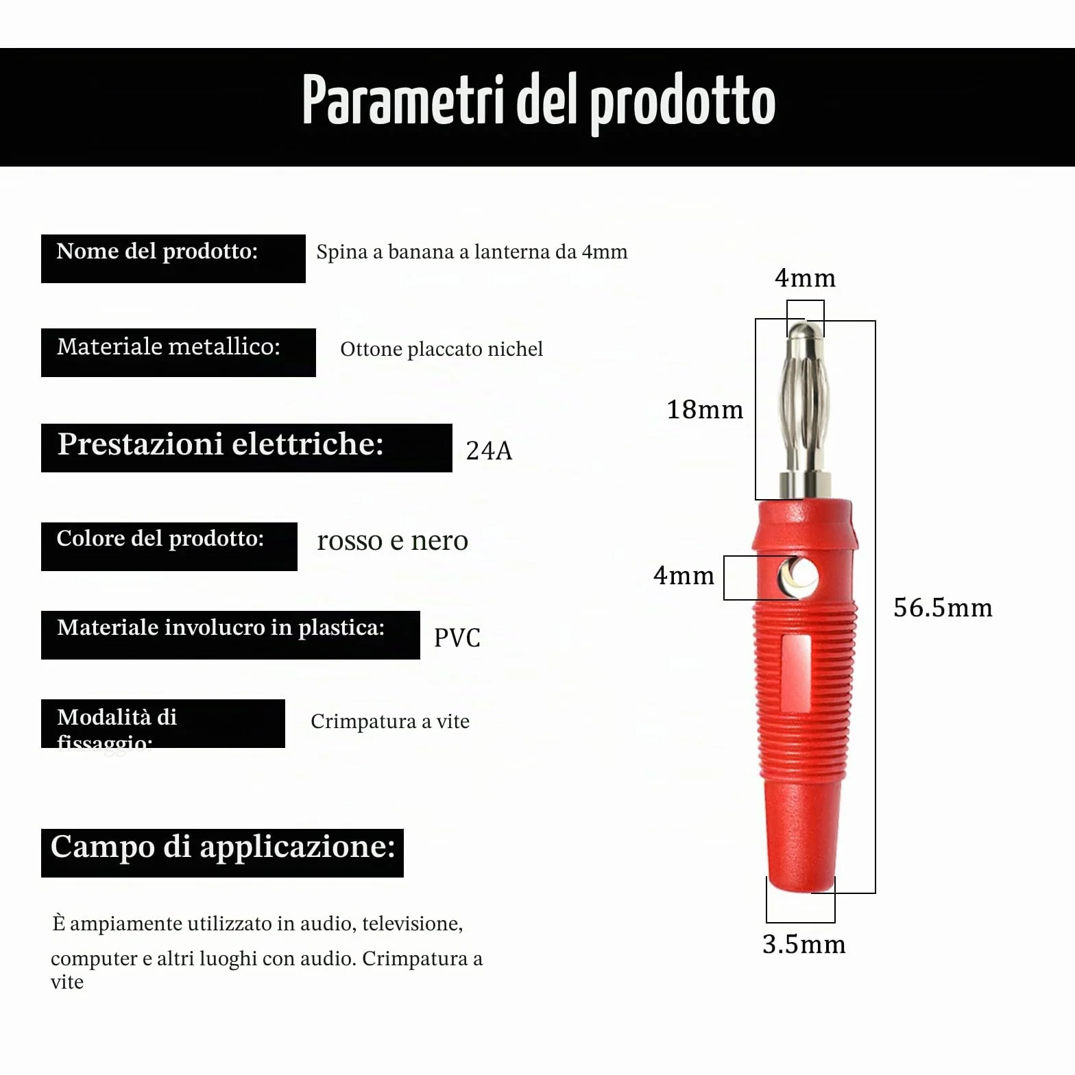 Spina a Banana 4mm 20A Connettori Banana Nero Rosso per Cavi Altoparlanti Hifi Stereo
