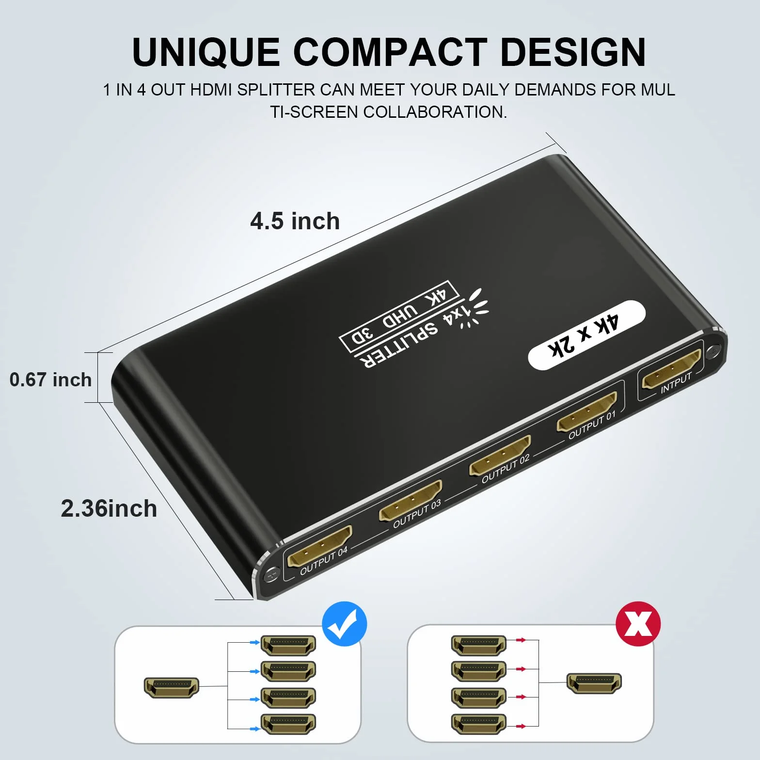 HDMI Splitter 1 in 4 Out 4K@30Hz 4-Port Powered Duplicator for PC Xbox PS4