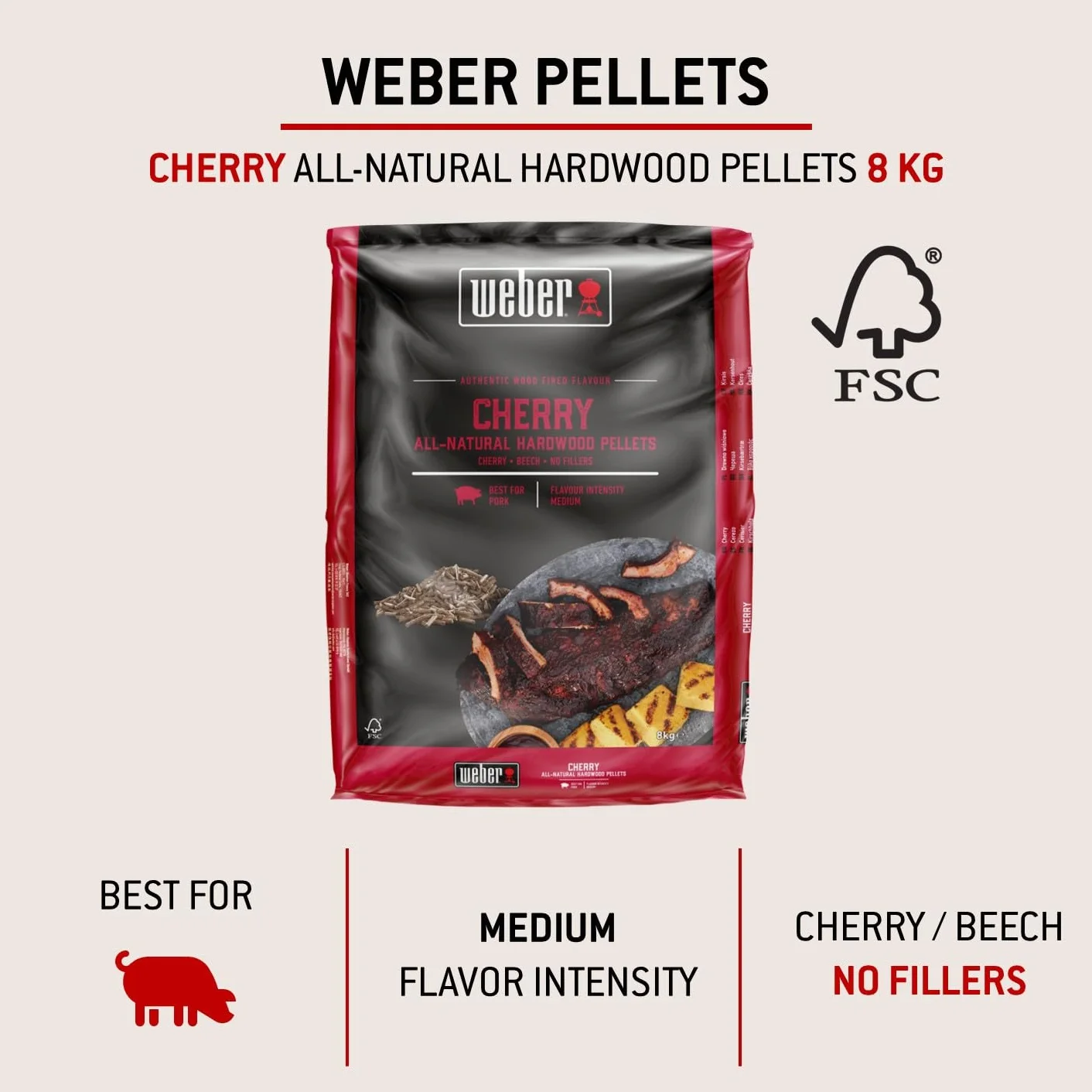 Weber Pellet di legno duro di ciliegio/legno naturale di ciliegio per barbecue a pellet con un sapore delicato, fruttato, dolce e affumicato, senza riempitivi, per cotture lente, sacchetto da 8 kg