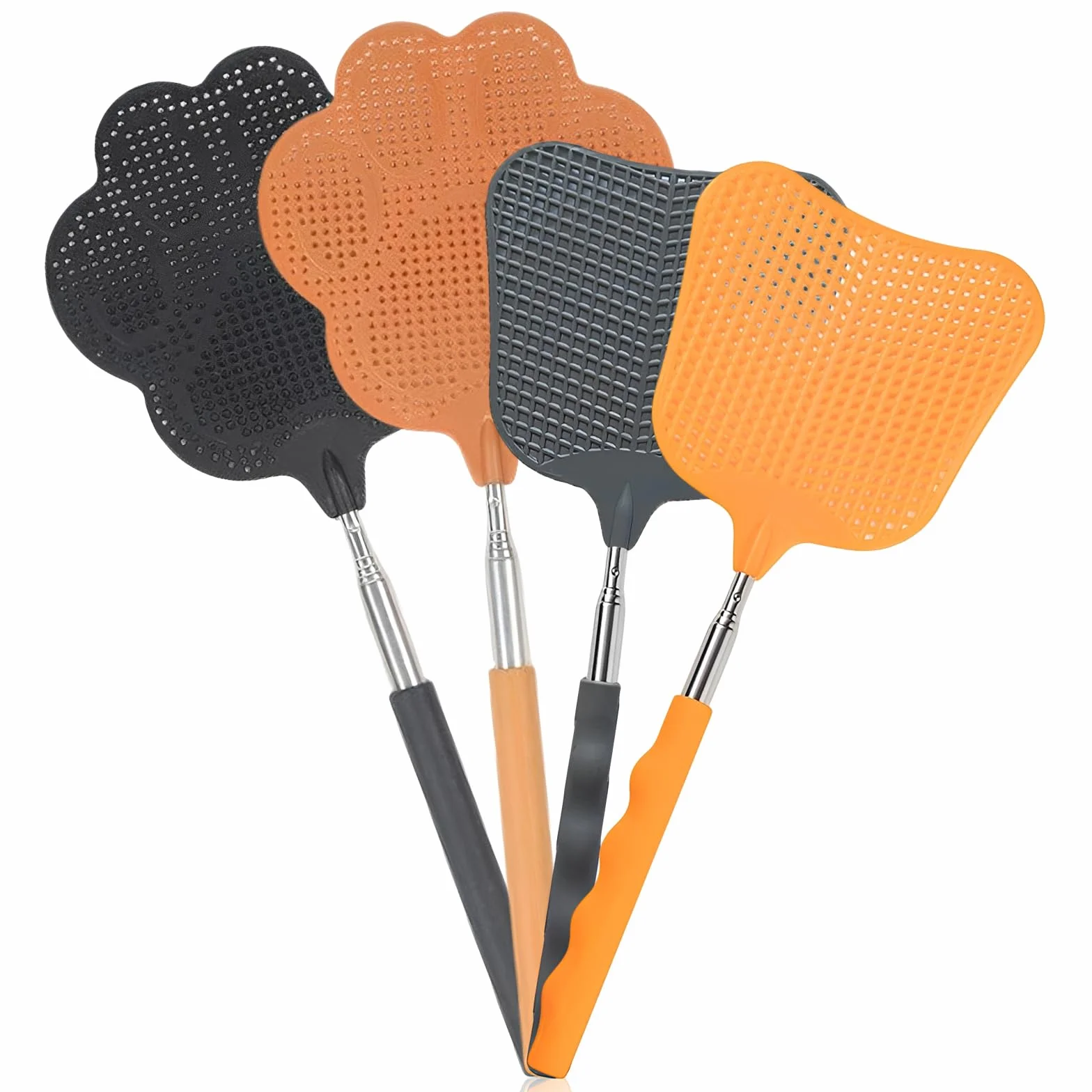 4 Pezzi Scacciamosche Telescopico Regolabile, Manico in Acciaio Inossidabile da 63-66cm, Paletta Mosche con Impugnatura Antiscivolo per Interni ed Esterni (Marrone, Nero, Grigio, Arancione)