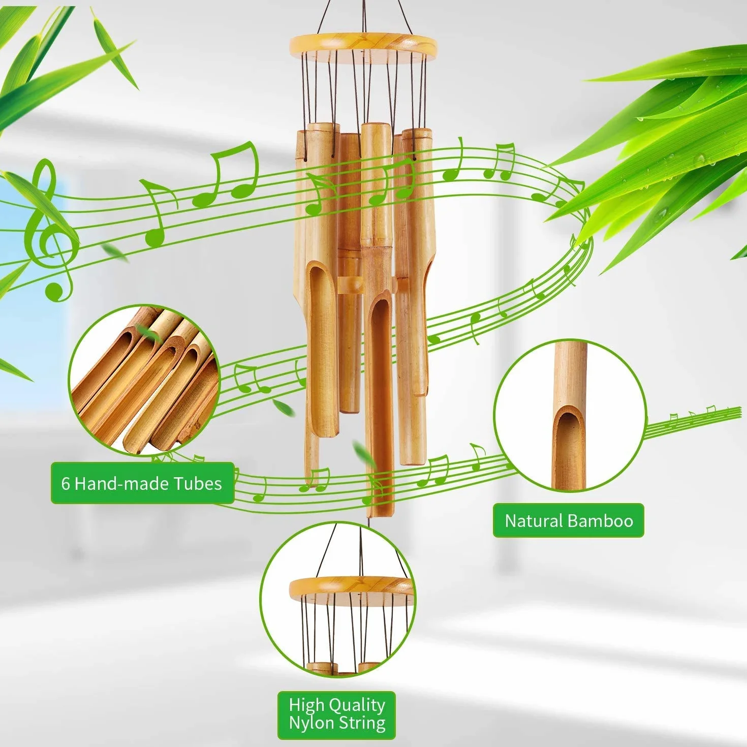 Carillon a vento in bambù commemorativo in legno, grande per interni ed esterni, 81,3 cm, per giardino, cortile, patio e decorazioni per la casa