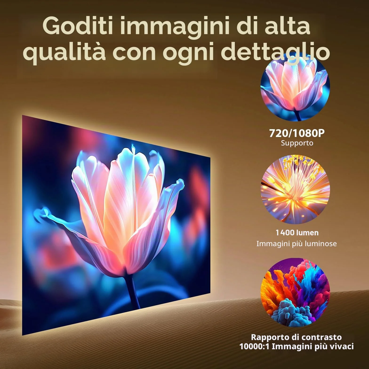 Mini Proiettore 4K 1080P WiFi 6 Bluetooth 5.4 Auto Keystone 180° Portatile HDMI Nero