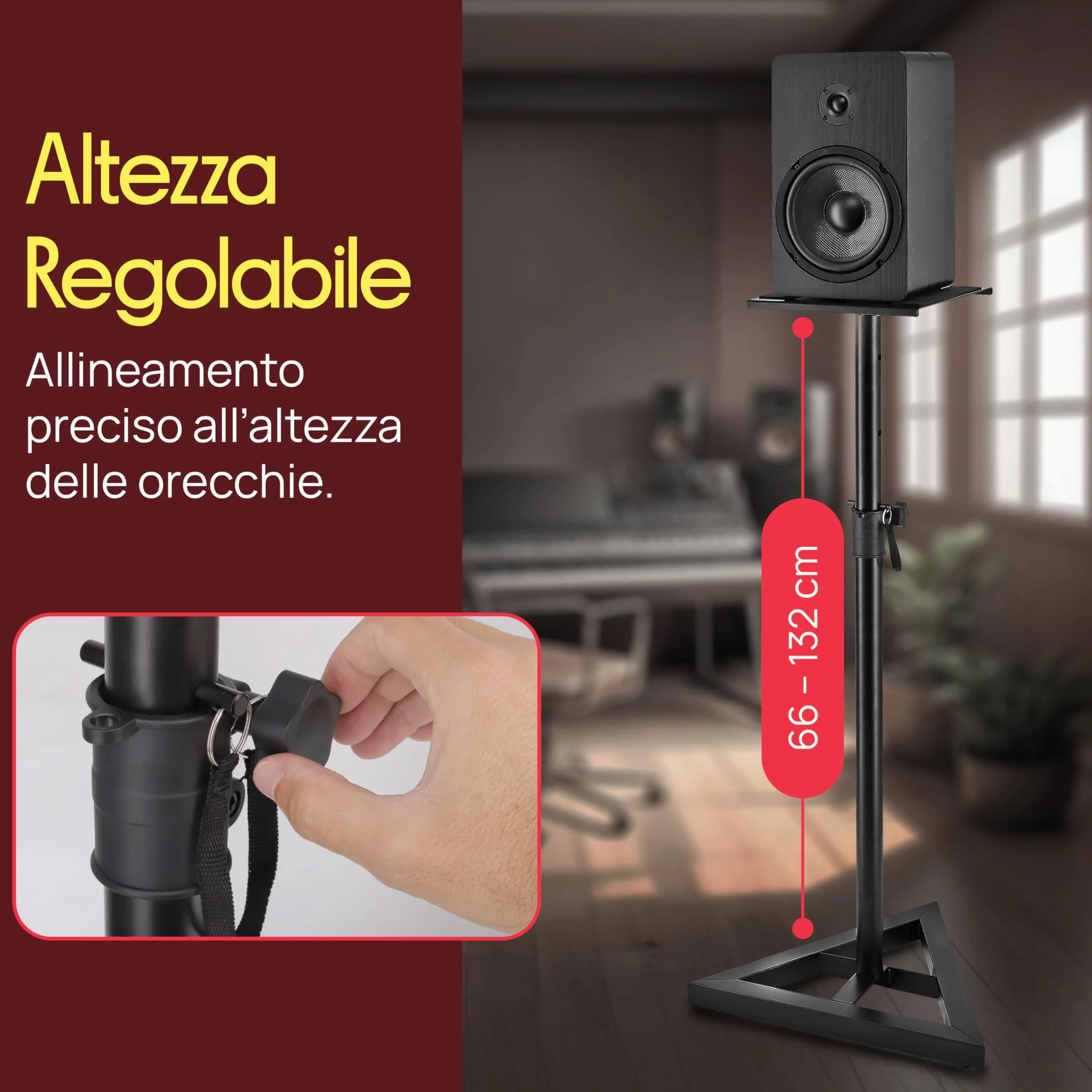 Pyle Stativi per Casse Altezza Telescopica Regolabile 66-132 cm Base Triangolare Piattaforma Quadrata 23 cm Supporto Altoparlanti