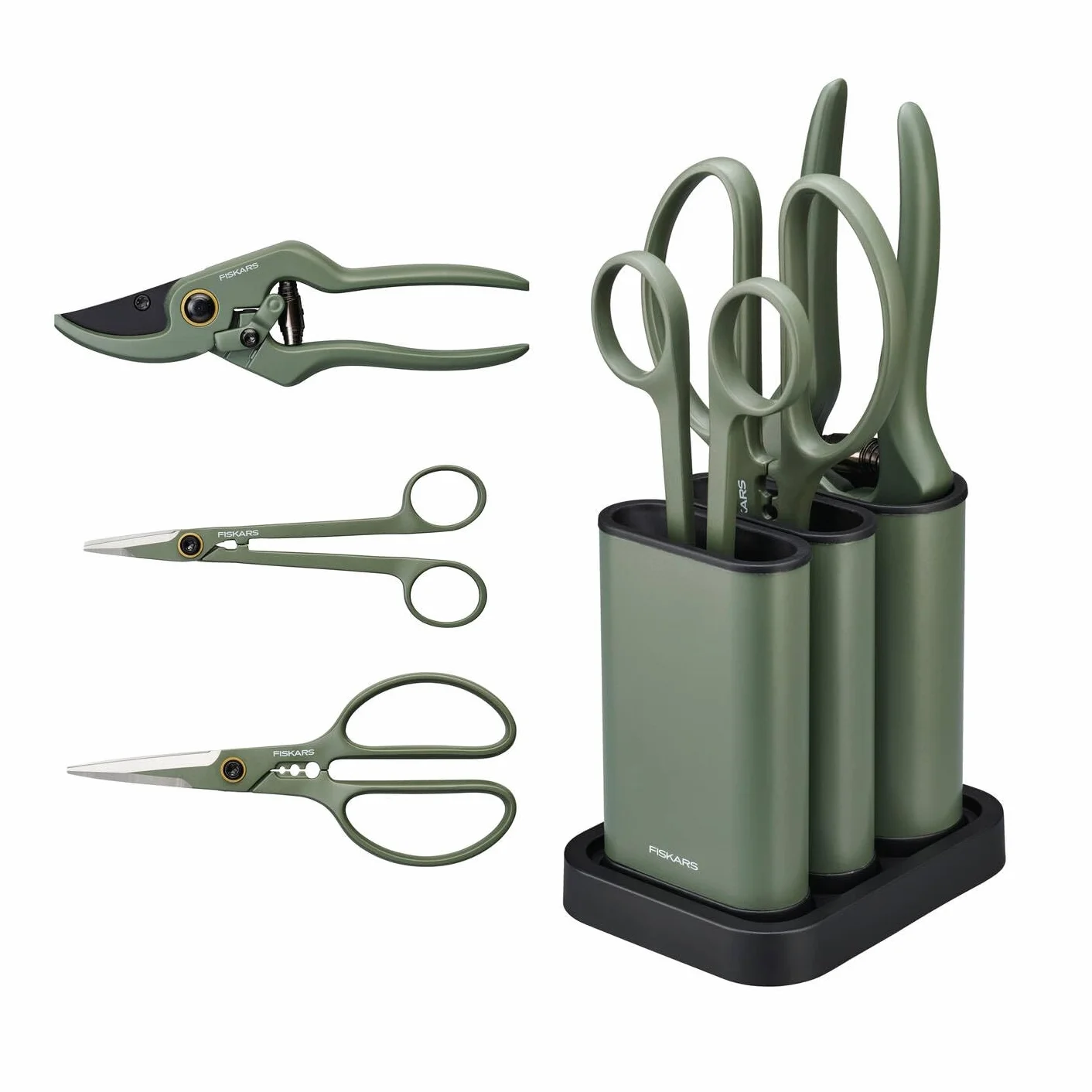 Fiskars Set di Potatura, 3 Pezzi, Cura delle Piante, Cesoie per Piante con Supporto, Forbici per Piante e Fiori, Acciaio Inox/Plastica, Verde Scuro/Nero, 1075317