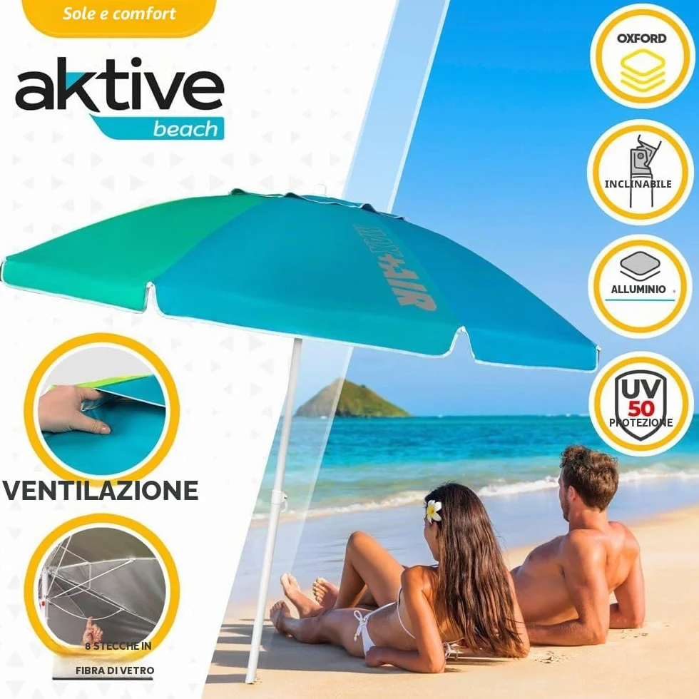 AKTIVE Grande ombrellone da spiaggia Ø200 cm antivento UV 50 palo 28-32 mm flessibile borsa