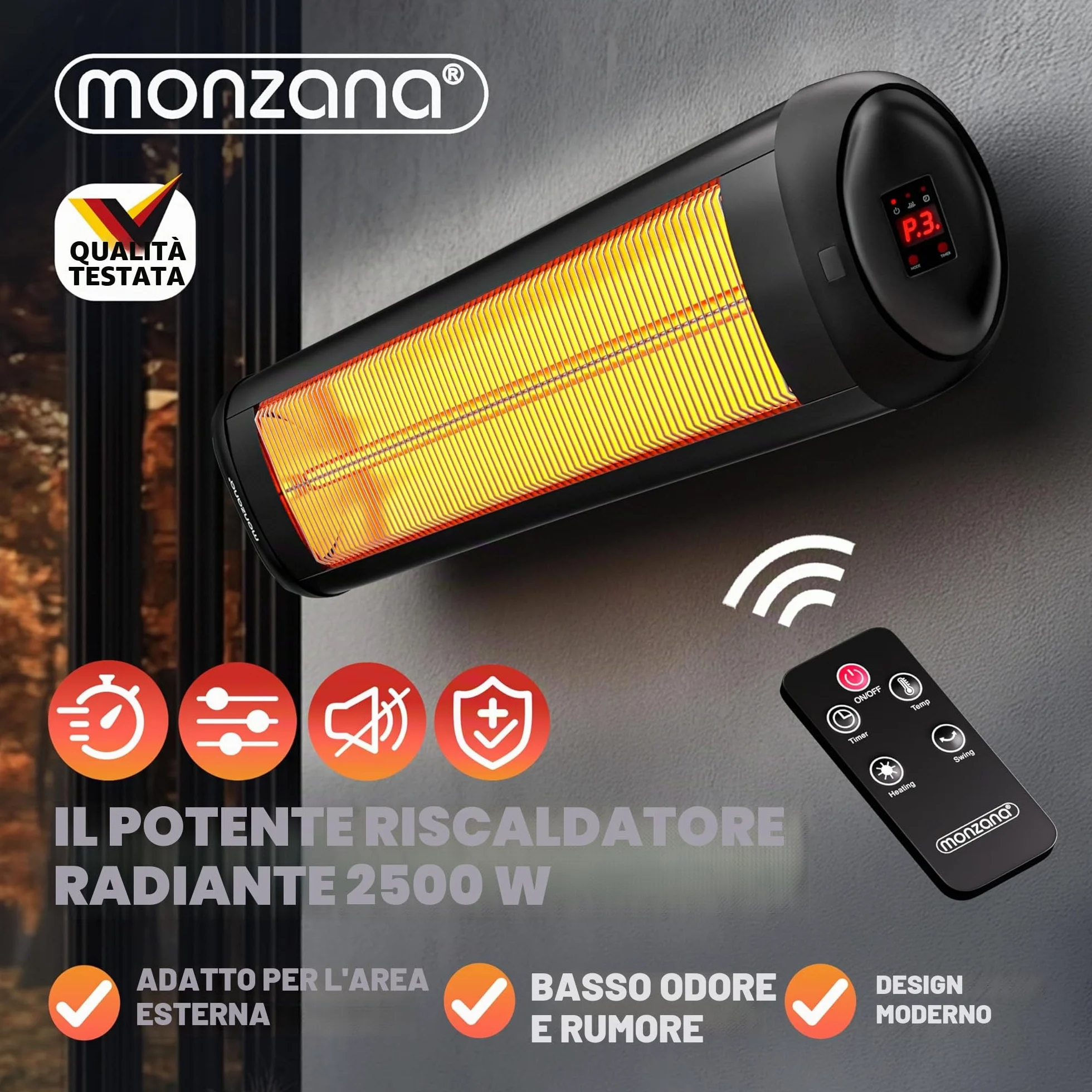Monzana Stufa a Infrarossi 2500W a Parete 3 Livelli Calore Inclinabile 90° Telecomando Timer 24h